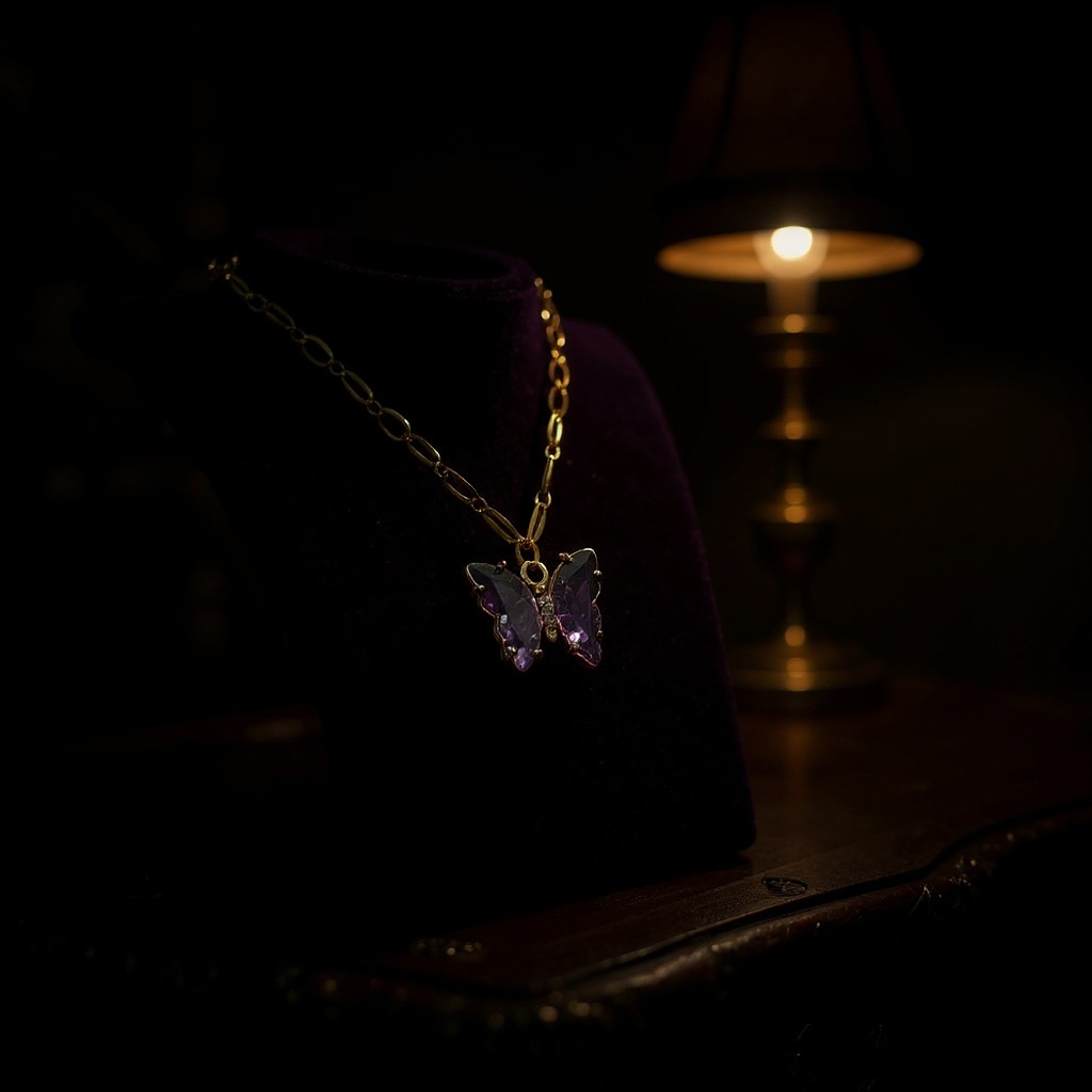 The Midnight Monarch Necklace: A vision of elegant transformation, this stunning necklace captures the enchanting beauty of a butterfly at midnight. The centerpiece is a small, beautifully sculpted butterfly pendant, designed to appear as if in graceful flight. The wings and body are crafted from a violet black reflective glass that shimmers and shifts with the light, revealing a mesmerizing spectrum of deep purples, blues, and charcoal grays. The butterfly hangs from a delicate gold chain, offering a striking contrast that enhances its bold and artistic presence. This unique necklace is a perfect statement piece for those who appreciate gothic elegance or a one-of-a-kind design that speaks to a free and artistic spirit.
