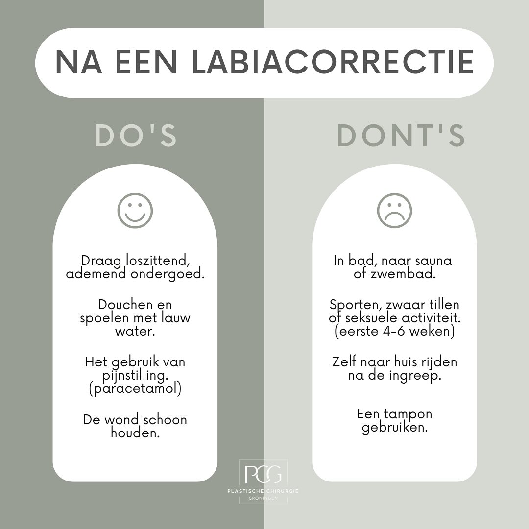 Do’s ✅ en dont’s 🚫 na een labiacorrectie!
Wat mag u allemaal wel en niet doen na een labiacorrectie? Uitgebreide uitleg is te vinden op onze website en het nazorgformulier dat u mee krijgt na de operatie.