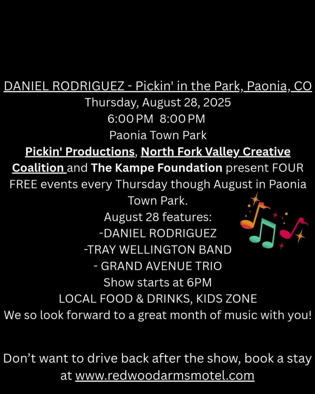 Last Pickin' in the Park Concert at Paonia Town Park this Thursday, Aug 28, 2025. You don't want to miss it! Pickin' Productions always does a wonderful job producing these shows.
#thingstodoinpaonia #paonia #paoniafun #paoniacolorado #musicincolroado
Need a room book a room with us through our website at www.redwoodarmsmotel.com or call us at 970-527-4148. We are located only minutes from the park on HWY 133 in Paonia.