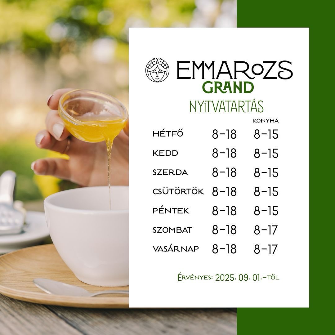 Szeptember 1-től az Emmarozs Grand nyitvatartása változik:
mindennap 18:00-ig várunk Benneteket szeretettel. 
Ezzel együtt búcsúzunk a nyár két kedvencétől is:
A szezon végére érünk, fagylaltjaink készlet erejéig még elérhetők, aztán pihenőre mennek.
A pizzától is elköszönünk, hogy helyet adhassunk új, izgalmas dolgoknak.
Szeretettel várunk továbbra is minden nap friss pékáruval, ebéddel, kávéval és jó hangulattal.