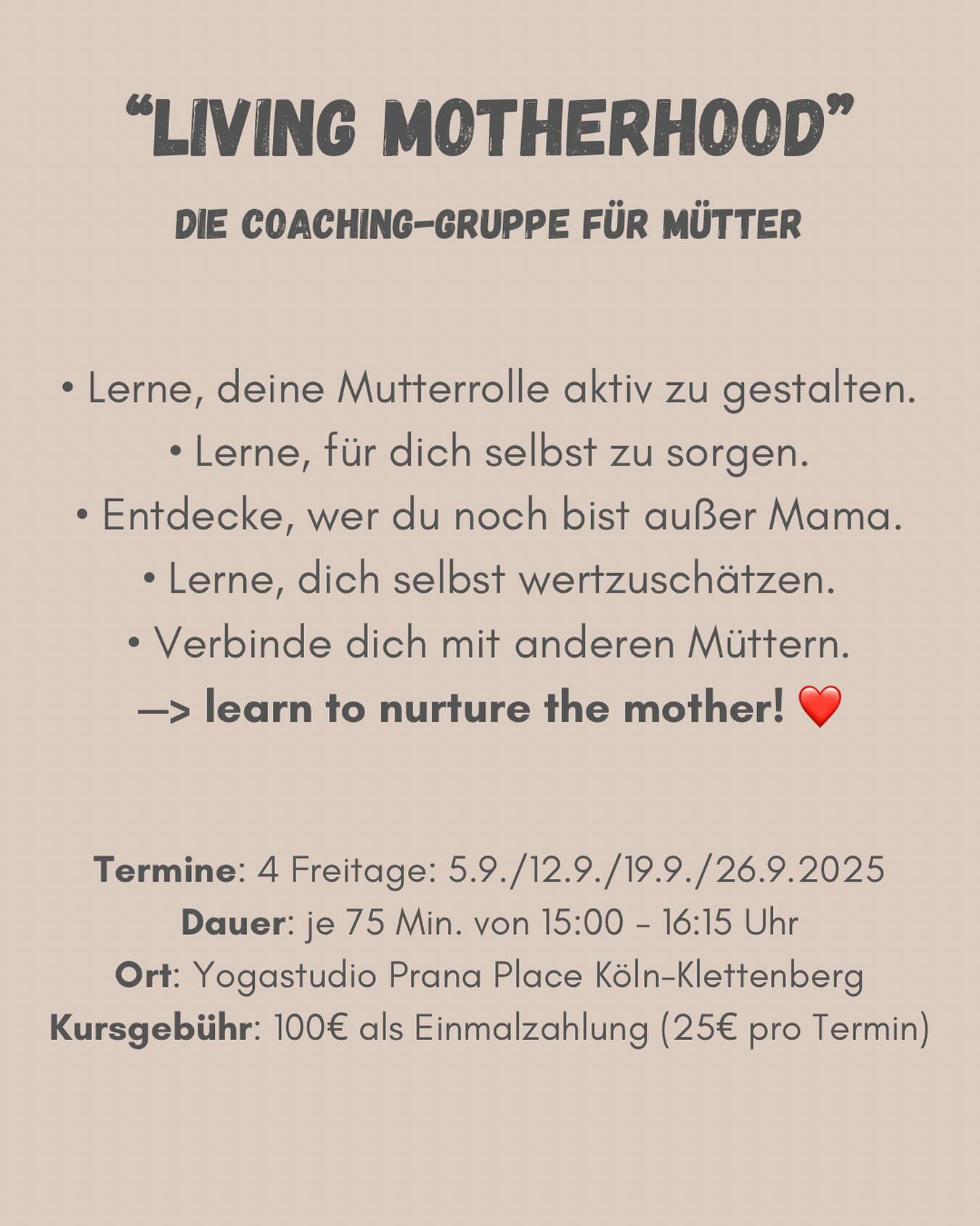 Living Motherhood geht in die nächste Runde! 🥰 Start ist am 5.9.2025 im wunderschönen @pranaplace.yoga . Anmeldung gerne per dm oder unter 0157 38008252. Let’s start the journey! 😍 #coaching #müttergruppe #selfcareformothers #persönlichkeitsentwicklung #verbundenheituntermüttern