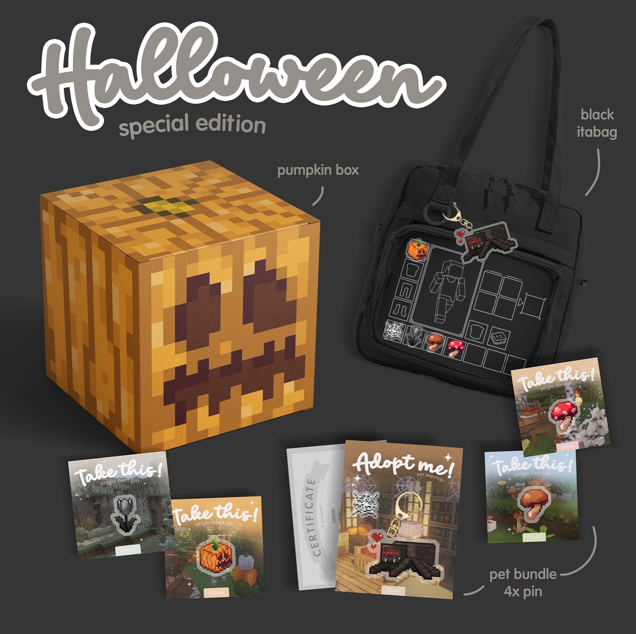 Halloween collection 🦇🕸️
From August 25. to October 30.
Don’t know what to get for your boobasket? 🧺👻 Or maybe you just love Halloween themes. In this edition, you can choose from small gifts such as a item pins 🍄🟫, or pumpkin gift box for large orders 🎃
You can also combine the new products with other products in the shop, you can pack a black itabag, couple keychains, spider pet charm 🕷️, pins and a t-shirt in the box. 🖤
If you already have an order on my shop and would like to add some new products but don’t want to pay double postage! 📦 Write me on info@minuko.com with your order number 🫶
#halloween #boobusket #spookytime #pixel #pixelart #pumpkin #spider #itabag #box #game #games #gamer #cute