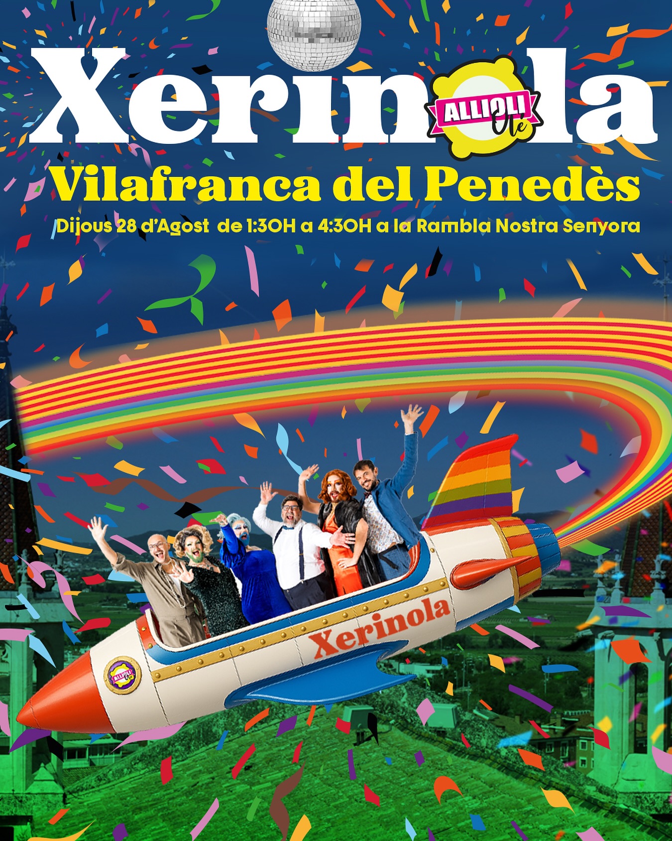 Nenaaaaa!!!! Aquest dijous 28 d’agost ens enlairem de nou amb la nostra XERINOLA cap a la Festa Major de Vilafranca del Penedès després del concert @lafresca_oficial 🍇
➡️ Dijous 28 d’agost
@fmvilafranca
VILAFRANCA DEL PENEDÈS
📍Rambla Nostra Senyora
🕛 1:30 - 4:30h
Us esperem en el tret de sortida de la més típica amb les Drags convidades @its.fucsia @amanda.lamarcos 💅🏻💃🔥
ENXERINOL·LA’T‼️
❤️🧡💛💚💙💜
📸 @g.a.l.d.r.i.c
🎨 @misterandreu
#estiu #estiu2025 #allioliontour #hitsencatala #xous #lamillorfarra #allioliole #festaallioliole #xerinola #festamajorvilafrancadelpenedes #fmvilafranca2025