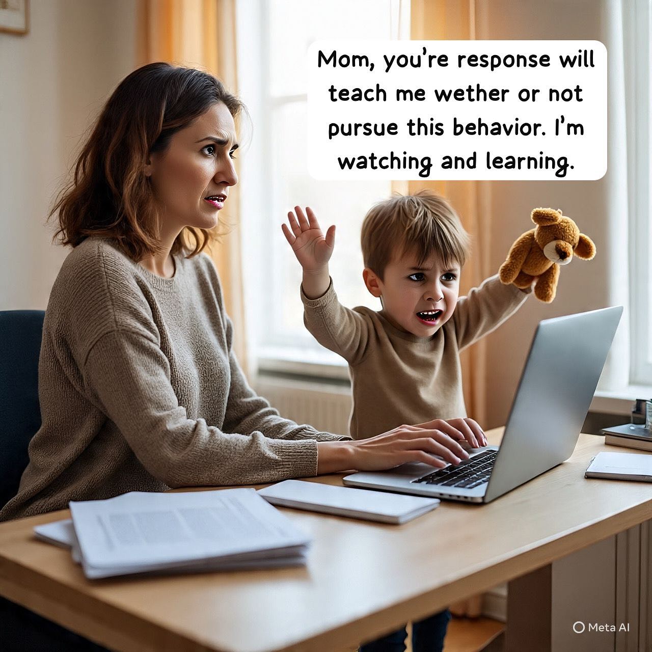 Kids try out behaviours to see if they serve a useful purpose.
Ask: How is my response to their behaviour serving them?
Is what they receive from me in that moment inline with the values I’d like to teach?
For example:
Behaviour choice 1: Mom is working in her home office, I am polite, quiet and respectful and don’t interrupt.
What do I receive? Nothing. I am “invisible”.
Behaviour choice 2: Mom is working in her home office. I holler and fight with my brother right outside her door.
What do I receive? Relationship! Mom comes out to reprimand to me, OR stops work to entertain me. I have been “SEEN”.
Examining our reaction to behaviour and the inadvertent rewards we give, is often more enlightening than examining the behaviour itself. #parenting