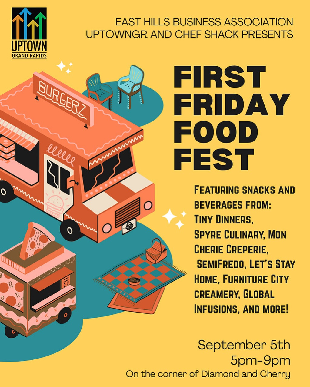 Join us on September 5th from 5-9pm for our First Fridays Food Fest! Featuring bites and bevies from some of our favorite pop-up shops including: Spyre Culinary, Mon Cherie Creperie, Let’s Stay Home, and so many more!!
East Hills Business Association is proud to bring this super fun foodie event to life on the corner of Diamond and Cherry (at the Metal Arts parking lot) to kick off our Fall First Fridays. Walk or bike down, grab some snacks and enjoy a lovely evening of sipping and shopping in our cute district!
*Parents Bonus* The @grcmuseum Kids Can! Van will be there with traveling museum exhibits and hands on activities which will be an awesome addition making this event even more fun and family friendly!