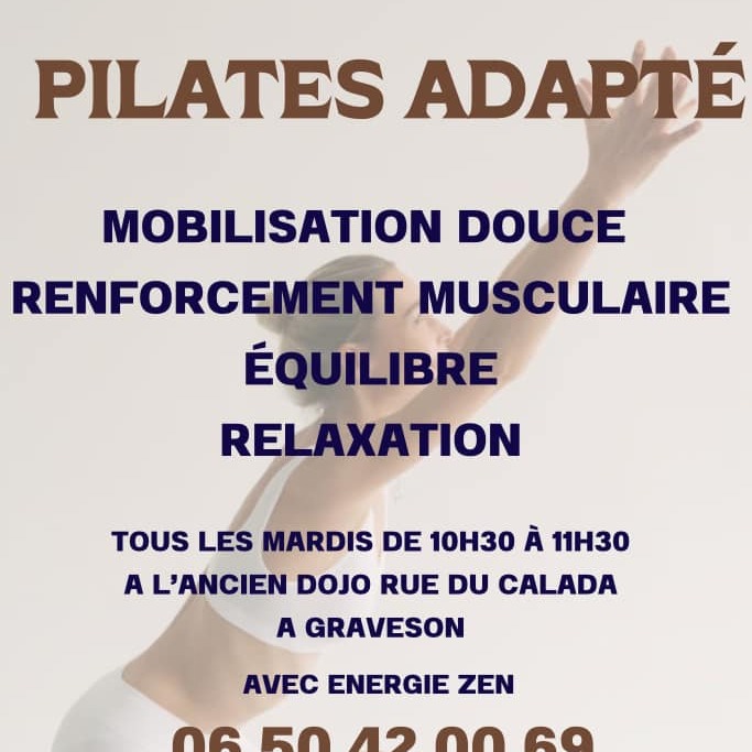 ✨ Le Pilates adapté ✨
C’est une pratique douce et personnalisée, qui respecte les capacités de chacun tout en renforçant le corps, améliorant la posture et libérant les tensions.
👉 Les cours s’adressent à tous, que vous soyez débutant, senior, en reprise d’activité, avec des douleurs ou des besoins spécifiques. L’objectif : bouger mieux, en sécurité, avec bien-être et sérénité.
Tous les mardis à 10h15 à l'ancien dojo, rue du Calada à GRAVESON.
Un cours de mobilité douce et de relaxation proposé par Energie Zen
Contact 06.50.42.00.69 ou à la journée des associations le samedi 6 septembre.
