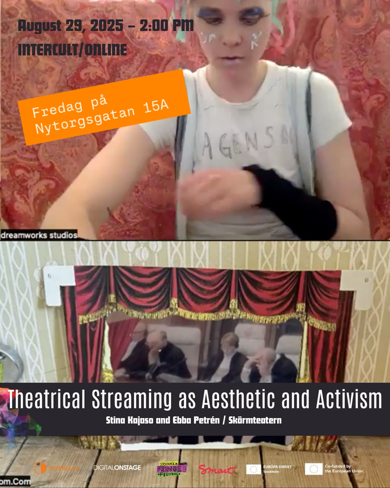 Fantastiska SKÄRMTEATERN ger workshop på Akademin !
Redan nu på fredag under “Intercult Academy - Digital on Stage” ger Smart-medlemmarna Ebba Petrén och Stina Kajsasoo en workshop om Skärmteatern och deras konstnärliga metoder. Under workshopen får deltagarna lära sig mer om verktyget Channelle, ett öppen källkodsverktyg för produktion och streaming, skapat av och för konstnärer med respekt för både integritet och publik.
Anmäl dig till ”Theatrical Streaming as Aesthetic and Activism (Workshop)” ! Helt kostnadsfritt, men begränsat antal platser. Det går att delta både på plats på Intercult och Smarts kontor ( bästa alternativ) och online.
📅 29 augusti, 2025 – 14.00-16.00
📍 Nytorgsgatan 15 A och online
🎟️ GRATIS (15 platser)
💻 Ta med egen dator
”Länk till anmälan: https://stoff.ssboxoffice.com/events/theatrical-streaming-as-aesthetic-and-activism-intercult-academy-digital-on-stage/
Evenemanget är en del av @stoffholm Fringe Festival (#STOFF2025)
Medfinansierat av Europeiska unionen.
@smart__coop @intercult #Skärmteatern #Digital onStageProject