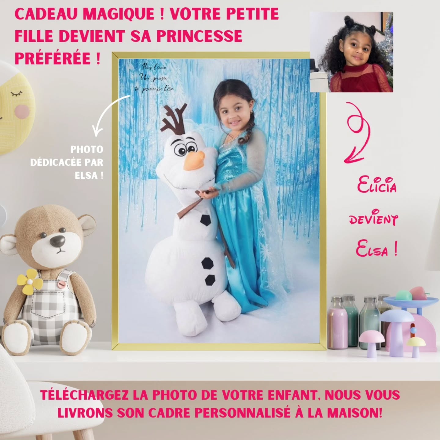 ❄️👸 Votre petite fille peut devenir Elsa, sa princesse préférée en un clin d’œil ! Et en plus avec Olaf ! 🎀✨☃️
Offrez-lui un cadeau magique et unique 💙 : un cadre personnalisé où elle plonge dans l’univers féérique de la Reine des Neiges !
📸 Envoyez sa photo, et nous créons un souvenir enchanteur pour décorer sa chambre et illuminer ses yeux 🌟
🎁 Idéal pour un anniversaire, une surprise ou juste pour lui dire "tu es unique" !
✨ Facile à commander :
Envoyez la photo
Impression haute qualité + cadre inclus 🎨
Livraison rapide et gratuite 🚚
100% personnalisable avec une dédicace d’Elsa 🧊
📍 Disponible sur Etsy, eBay & Le Bon Coin ou sur surprisemagique.fr/boutique-de-cadeaux
💖 Lien en bio pour commander directement !
👉 Taguez une maman ou un papa avec une petite Elsa à la maison 🥰
#cadrepersonnalisé #cadrecadeau #reinedesneiges #elsa #cadrephotoenfant #cadeauanniversairefille #surprisemagique #faitmainavecamour #etsy #CadrePhotoMagique
#cadredeco #disneyphoto #PrincesseDisney #decochambreenfant #cadrephotopersonnalisé #disneycosplay #princesse #anniversaireprincesse
#olaf