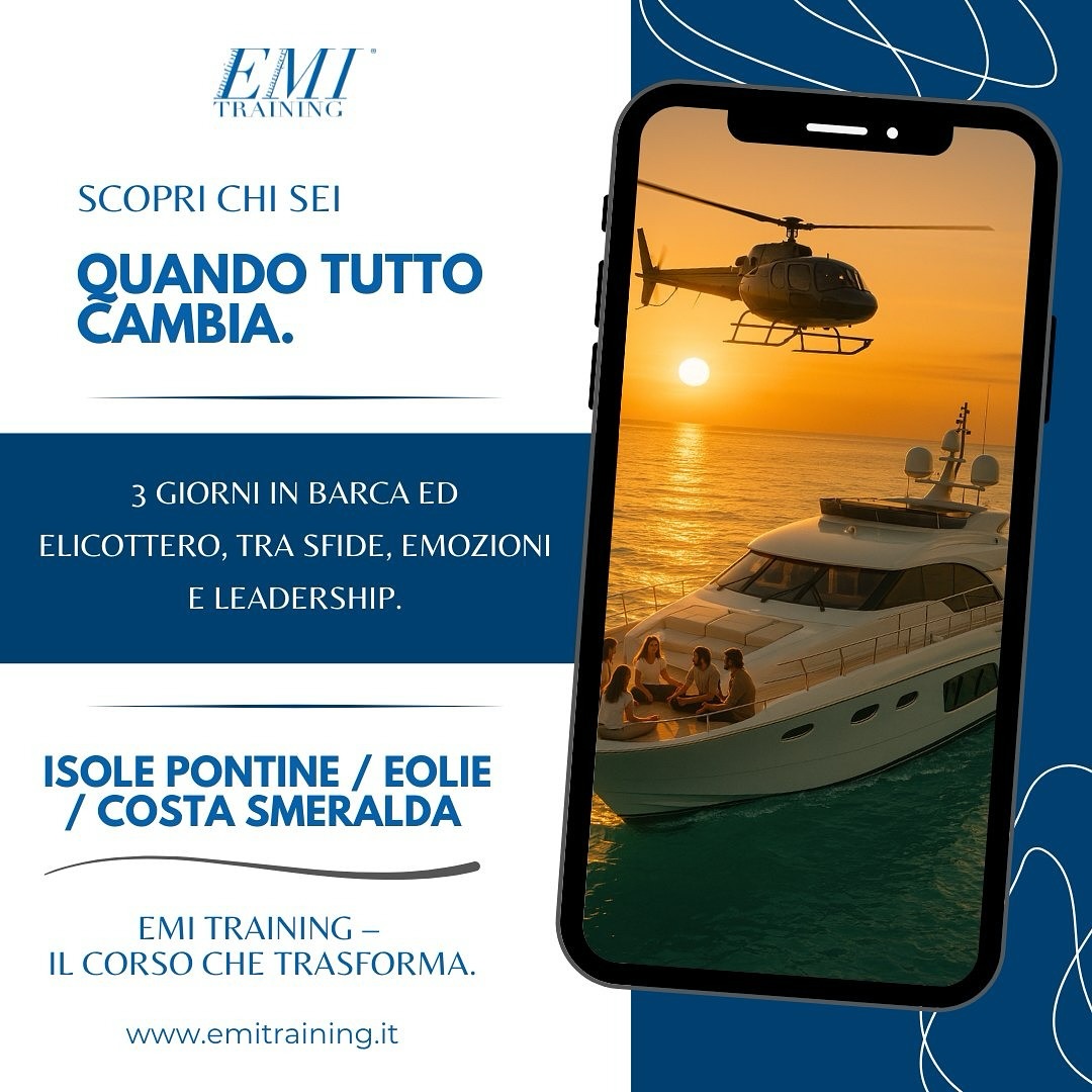 Scopri chi sei quando esci dalla zona comoda.
Mare aperto. Cielo libero. Emozioni intense .
3 giorni di esperienza totale tra formazione e avventura.
🌊 Allenamento emotivo, crescita personale, sfide pazzesche.
💬 Potenzi la tua leadership, resilienza e gestione del team.
👥 Coach esperti e sport trainer ti accompagnano in una esperienza immersiva.
Ogni momento lascia il segno.
Ogni attimo accende qualcosa di nuovo.
📍 Isole Pontine / Eolie / Costa Smeralda
📞 Prenota ora: 392 958 1181
🛥️ Posti limitati – emitraining.com