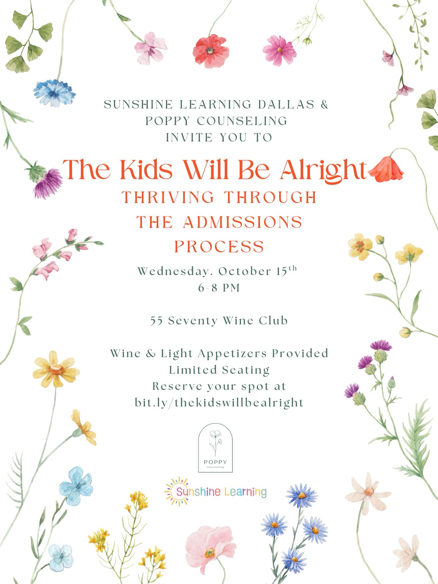 Poppy Counseling and @sunshinelearningdallas are thrilled to announce our upcoming event The Kids Will Be Alright: Navigating the Admission Process on October 15th from 6-8PM! Click on the link to reserve your seat! https://www.eventbrite.com/e/the-kids-will-be-alright-thriving-through-the-admissions-process-tickets-1628772906609?aff=oddtdtcreator