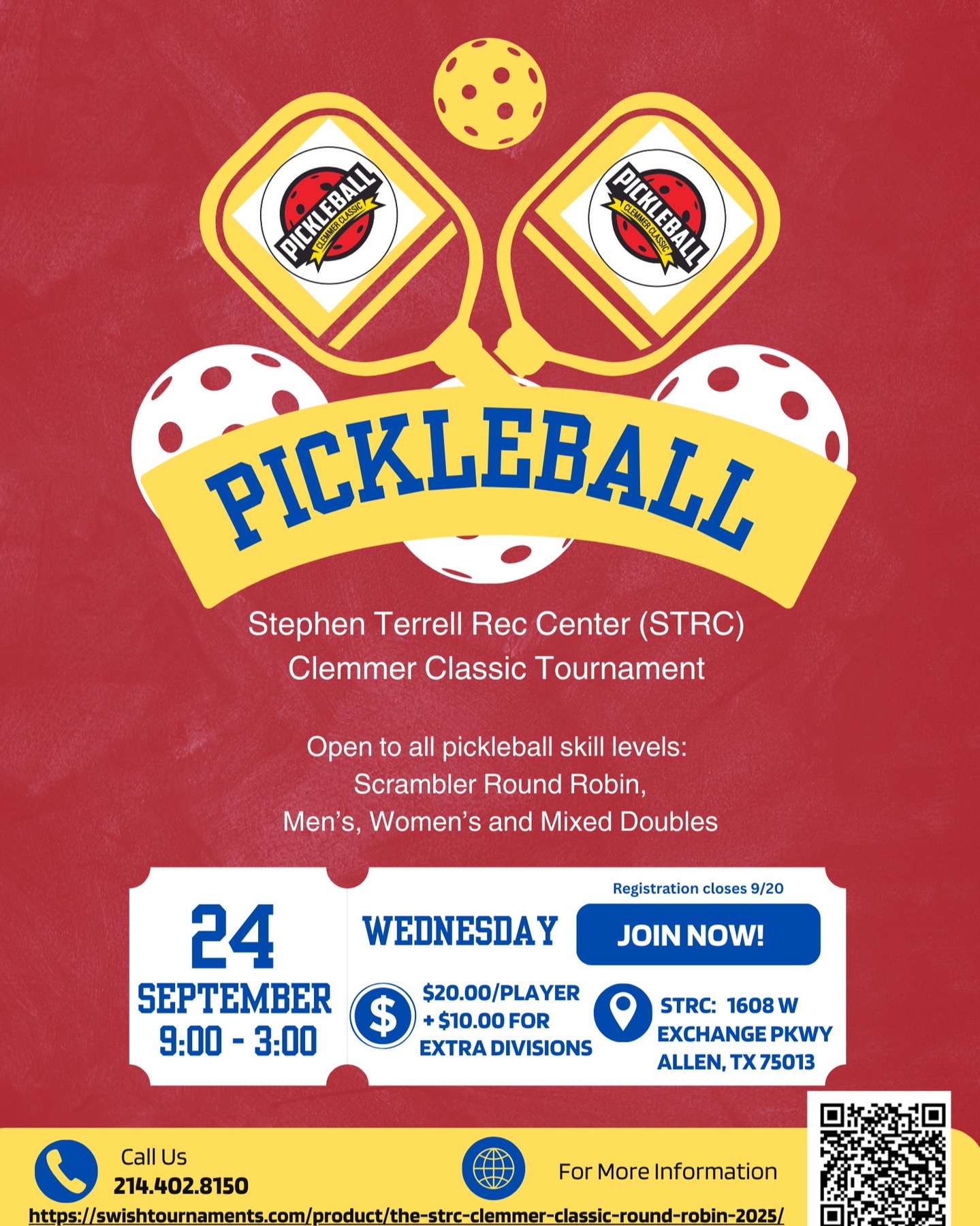 Register today for a fun pickleball tournament on Wednesday September 24th at the Stephen Terrall Recreation Center (STRC) in Allen.
This indoor tournament will have pickleball doubles divisions for Men, Women and Mixed teams (skill levels 2.0 -3.0 Beginner, 3.0 - 3.5 Intermediate and 3.5+ Advanced).
We will also have Scrambler divisions for those who are new to tournaments or need a partner. In the Scrambler division you will sign up as an individual player and the computer will randomly select your partner for each doubles match. Additionally, we will host a Scrambler event for our 65+ Golden Girls.