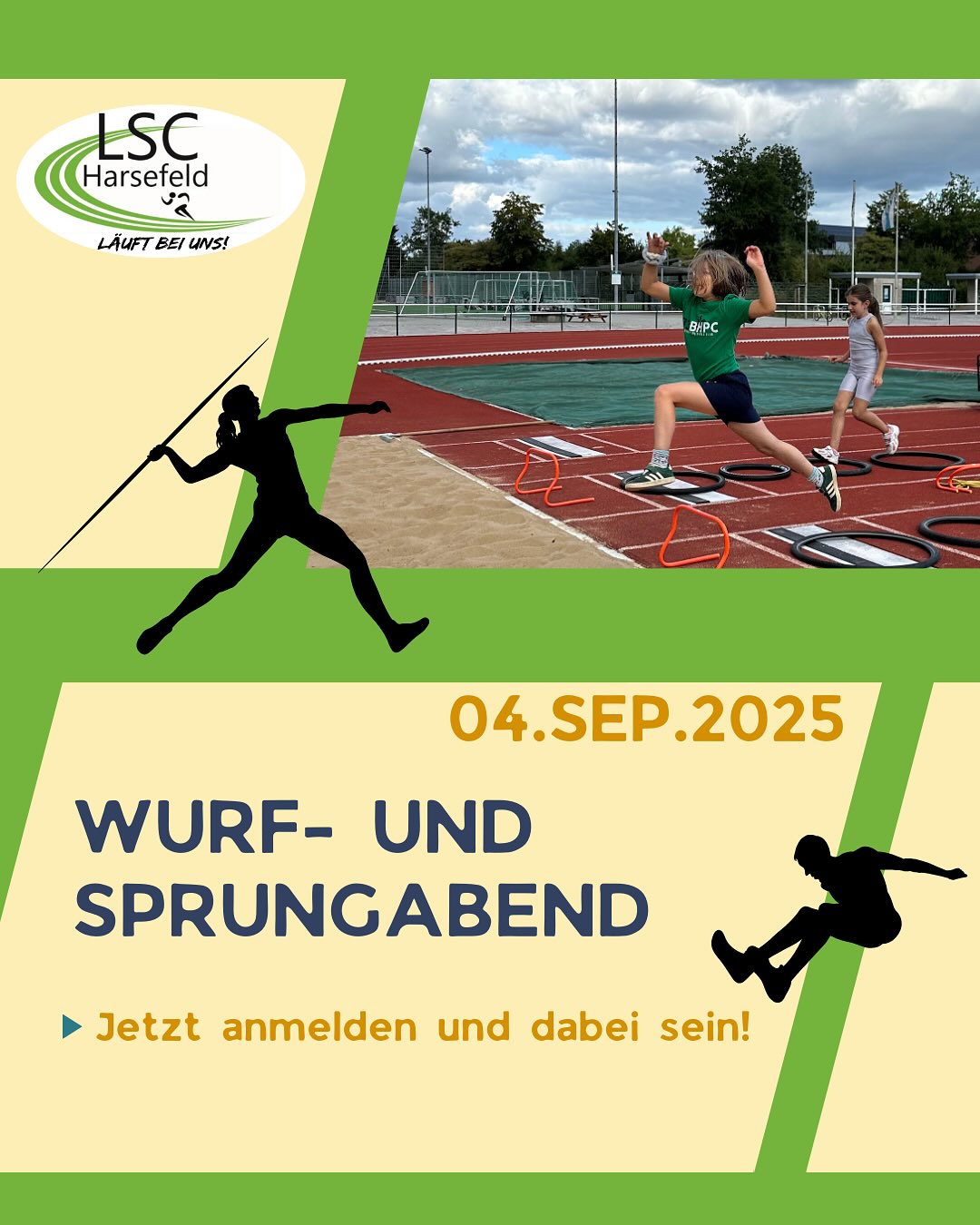 🏆 Wurf- & Sprungabend 🏆
📅 04.09.2025 | Sei dabei und zeig dein Können!
Die Ausschreibung findet ihr auf der 2. Seite 👉
Meldet euch jetzt an unter dem Link in der Bio/Story ⬇️ oder ihr meldet euch über euren Trainer an.
🔗 https://ladv.de/ausschreibung/detail/44898/Wurf-und-Sprungabend-Harsefeld.htm
Wir freuen uns auf euch und spannende Wettkämpfe! 💪✨
Euer LSC Team💚
#Leichtathletik #Wettkampf #Wurf #Sprung #Teamspirit