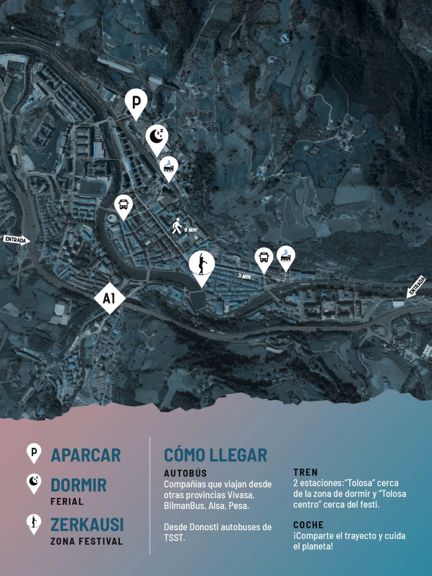 NOLA IRITSI?
Hemen duzue Tolosako mapa bat puntu garrantzitsuekin adierazita, parte hartzaileen etorrera errezagoa izan dadin!
__
COMO LLEGAR?
Aquí tenéis un mapa de Tolosa con indicaciones para facilitar la llegada de los participantes al festival!
