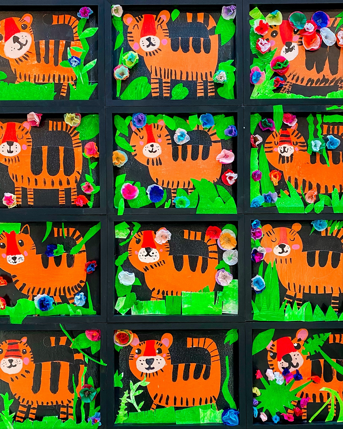 Last year, homeschool artists learned about the life and works of French painter, Henri Rousseau. Rousseau became famous for his colorful and imaginative jungle scenes. He was born into a poor family and worked for many years as a toll collector. He taught himself how to paint. Rousseau never traveled outside of France, so he used books, museums, and gardens for inspiration to create his exotic jungle paintings filled with wild animals and lush plants. While many people made fun of his art during his lifetime, today he is celebrated as a talented and creative artist who followed his dreams and inspired others with his unique style!
Aren’t these tiger collages inspired by Henri Rousseau so fun and whimsical?!