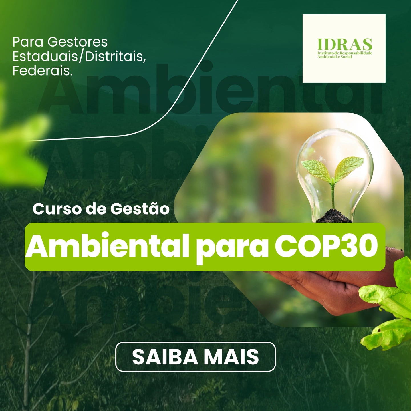 🌍✨ Gestão Ambiental para a COP 30 ✨🌍
Em 2025, o Brasil sediará a COP 30, o maior evento mundial sobre o clima. As decisões tomadas vão impactar diretamente políticas públicas e a gestão socioambiental em todas as esferas de governo. 🚨 Você está preparado(a) para esse desafio?
O CECSA-DF, em parceria com o IDRAS e o Laboratório de Responsabilidade Social da UFRJ (LARES/UFRJ), convida você para o curso “Gestão Ambiental para a COP 30” — uma capacitação estratégica para gestores(as) estaduais, distritais e federais.
📅 Data: 16/09 a 09/10/2025 (terças e quintas)
🕠 Horário: 18h30 às 21h30
💻 Formato: Aulas online (Plataforma Zoom)
⏳ Carga horária: 24h
📜 Certificação: LARES/UFRJ
🔎 Temas que você vai dominar:
Globalização e Convenções Internacionais
4ª Revolução Industrial
Questões Socioambientais no Brasil
Objetivos de Desenvolvimento Sustentável (ODS)
ESG e seus impactos globais
A importância da COP 30
👩🏫 Professores(as): especialistas do LARES/UFRJ
🚀 Garanta já sua vaga e prepare-se para atuar de forma estratégica diante dos desafios da COP 30!
🔗 Inscreva-se pelo link na bio!
📧 Dúvidas: Mande email para cecsadf.flordocerrado@gmail.com ou direct