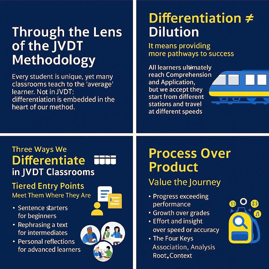 Not all learners start at the same station—or travel at the same speed.
In the JVDT methodology, differentiation isn’t about simplifying content. It’s about building more paths to reach the same goal. We scaffold learning using the Four Keys—Association, Analysis, Root, and Context—and guide each student through their journey with tiered tasks, flexible grouping, and progress-focused evaluation.
Every student is seen. Every journey respected. Every step scaffolded.
Read the full blog post at JVDT.net
#JVDTmethodology #Differentiation #Scaffolding #TrainJourneyLearning #FourKeysToUnderstanding #EmotionalIntelligence #EducationReform #TeacherTools #UkraineEducation #JVDTlearninghub