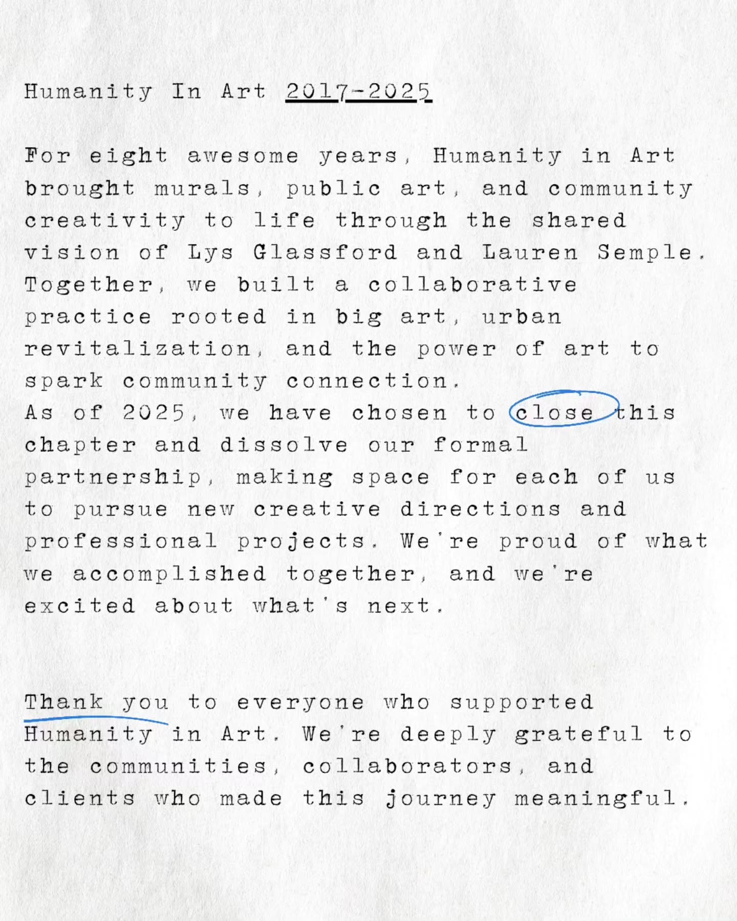 A chapter closes, and a new one begins.
After more than a decade, the Humanity in Art chapter of my life is officially coming to a close. I began this journey in 2013, shortly after moving to Nanaimo, using the alias to lead community art projects that connected people through creativity. In 2016, I was honored to be named the City of Nanaimo’s Emerging Cultural Leader, an unforgettable milestone that affirmed the impact of this work.
In 2017, Humanity in Art evolved into a formal partnership with Lauren, and together we left a big mark on the city. From murals to community art projects, we had the privilege of creating meaningful art for incredible clients and communities. This project holds a very special place in my heart, and saying goodbye is bittersweet.
But with endings come new beginnings. I’ve just launched my new website: lysglassford.com (link in bio), where I’ll be sharing future mural work and accepting solo commissions. I’m also open to new collaborations!
If you have a moment, I’d love your help spreading the word. A little organic traffic goes a long way 💛
Here’s to what’s next