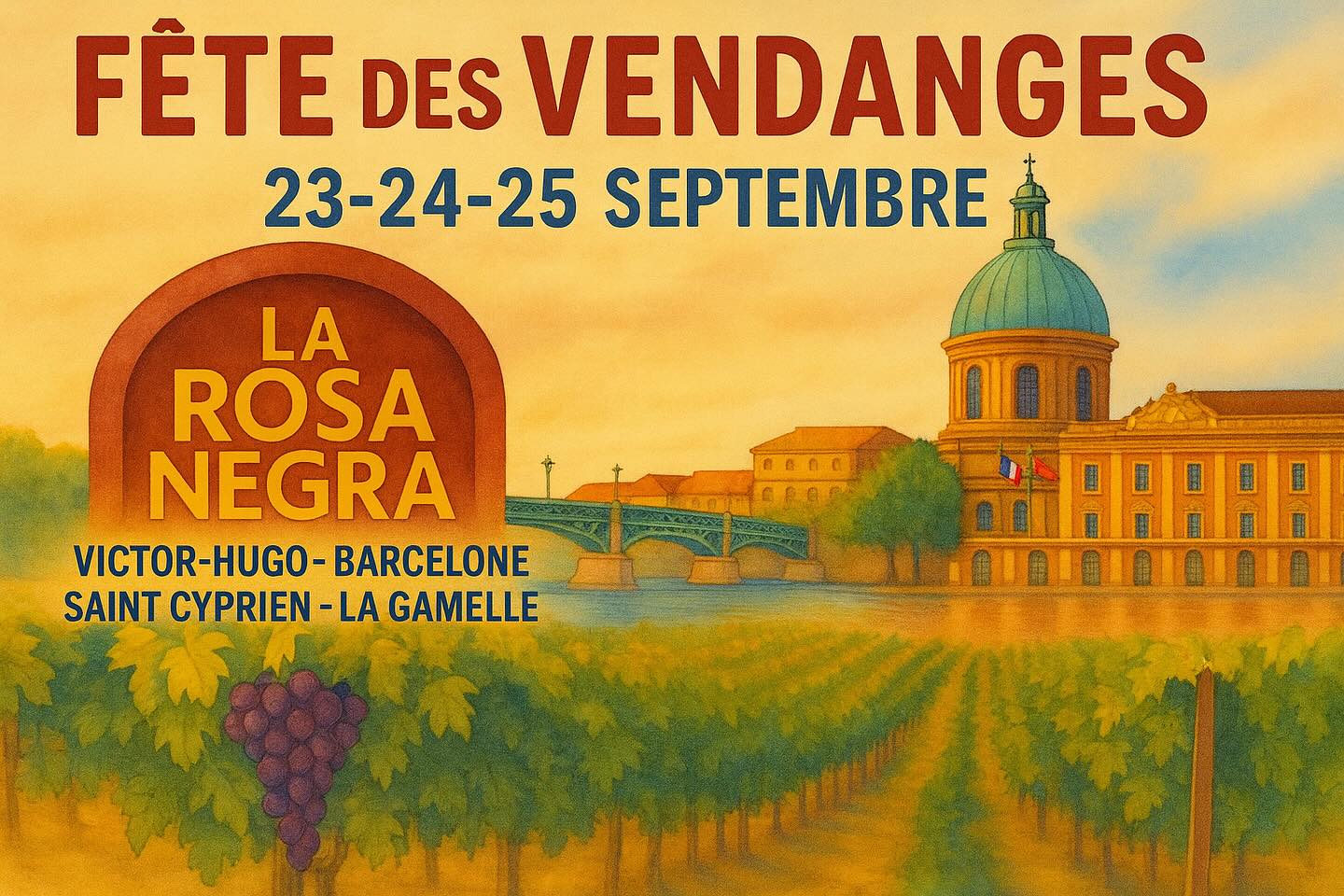 🍇 FÊTES DES VENDANGES – 23, 24 et 25 septembre 🍷 Trois jours pour célébrer la vigne, ceux qui la travaillent avec passion et le plaisir de partager leurs vins autour de la table.
👉 Mardi 23, côté Victor Hugo
Un petit banquet populaire où l’on met à l’honneur le savoir-faire des vignerons. Le vin coule généreusement, fruit d’une année de travail patient entre soleil, pluie et taille de la vigne.
👉 Mercredi 24, côté Barcelone
Un marché gourmand comme au village : producteurs, artisans et vignerons viennent vous faire découvrir leurs trésors. Fromages, charcuteries, douceurs… et surtout des vins qui racontent leur terroir, leur histoire et la main de ceux qui les façonnent.
👉 Jeudi 25, côté Saint-Cyprien
On clôture la fête avec un grand classique du Sud-Ouest : le cassoulet, généreux et authentique, marié aux plus belles cuvées. Derrière chaque bouteille, un domaine, une vigne et des hommes qui transmettent leur passion dans le verre.
Trois soirs pour trinquer à la vigne, aux vendanges et à la convivialité ! #Toulouse
#toulousemaville🇫🇷
#toulousebynight
#sortiratoulouse
#agendatoulouse
#toulouselife
#toulousecity #larosanegra
#larosanegratoulouse
#tapastoulouse
#baratapastoulouse
#lavieenrosa #fêtedesvendanges
#vinetgastronomie
#vinettapas
#amourduvin