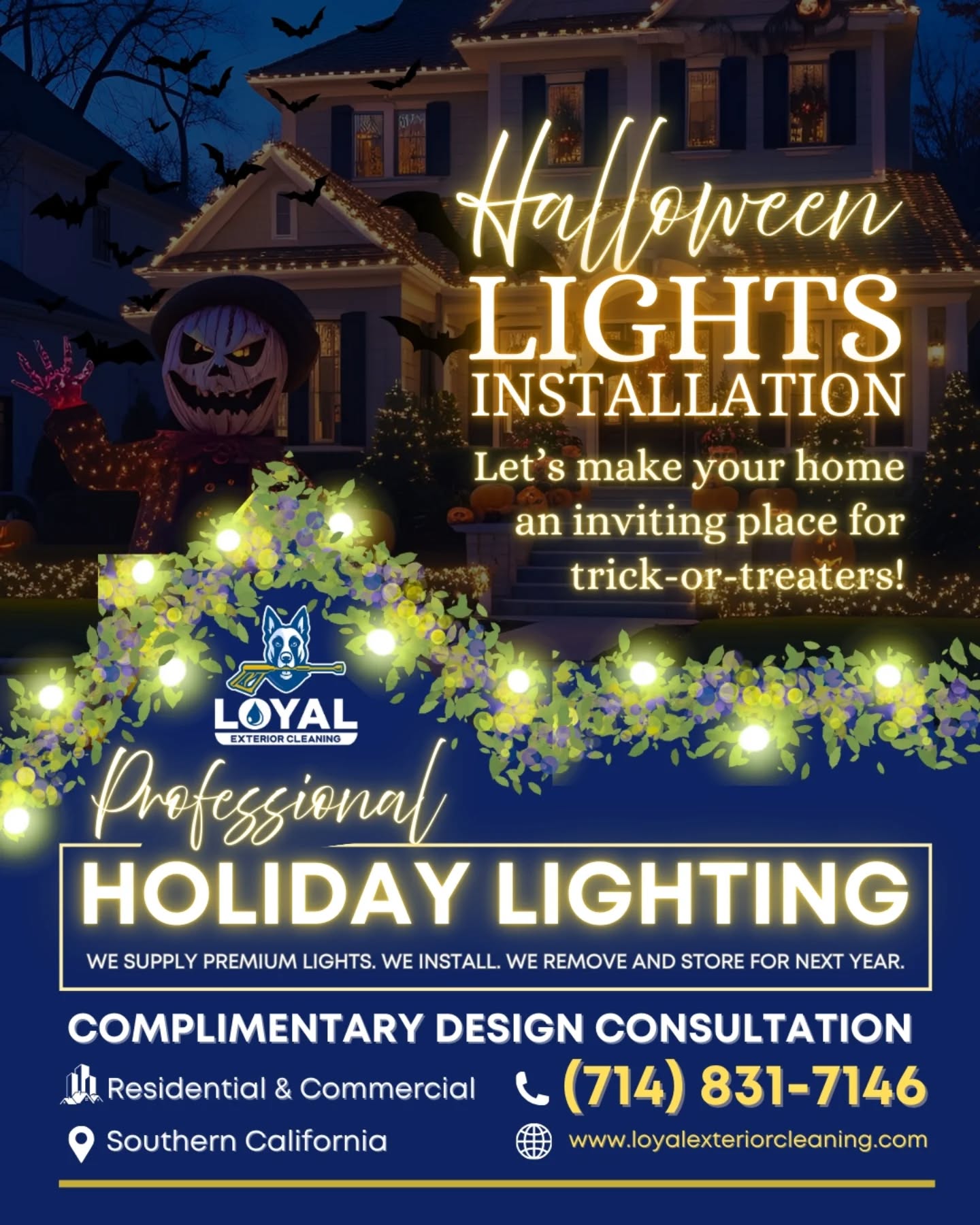 It’s already September next week, which means the holidays are creeping up fast! 🎃✨
🌟 Transform your home into the ultimate holiday destination with our professional holiday lights installation. From spooky Halloween vibes to a magical Christmas glow.
We handle it ALL for you:
✔️ Premium lights supplied
✔️ Safe & expert installation
✔️ Hassle-free removal
✔️ Storage for next year
Would you go all-out scary for Halloween or sparkle with Christmas magic this year? 👇
📲 Let’s make your home the brightest on the block this holiday season!
❤️ Follow us for a FREE DESIGN CONSULTATION
📞 714-831-7146
🌐 Website link in bio
📝 Licensed. Insured. Safety-certified.
Our Services:
🏢 Window Cleaning | Building Washing | House Washing
💦 Pressure Washing | Roof Cleaning | Gutter Cleaning
🪟 Screen Repair & Replacement | Solar Panel Cleaning | Glass Restoration | Lights Installation
#loyalexteriorcleaning #pressurewashing #windowcleaning #roofcleaning #guttercleaning #softwashing #windowscreen #powerwashing #cleaningservices #buildingwash #residentialcleaning #commercialbuilding #luxuryhomes #socalrealestate #cleaningcompany #socal #losangeles #villa #orangecountyca #socalhomes #propertymanagement #realestate #propertymanagers #realtor #exteriorcleaning