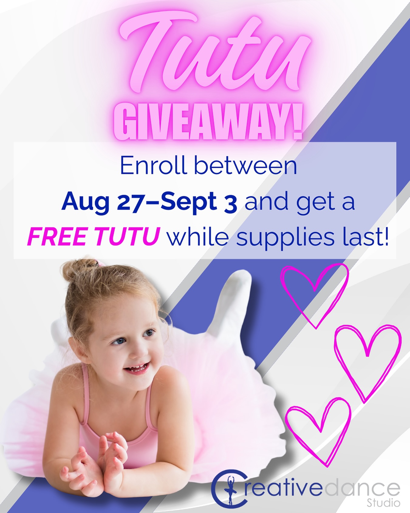 Looking for the perfect first activity for your child this year? ✨
At Creative Dance Studio, dance is just the beginning. Our classes are designed to help children grow in confidence, build friendships, and experience the joy of movement. 💙
🎀 Enroll between Aug 27–Sept 3 and your dancer will receive a FREE tutu to kick off their dance journey. (While supplies last!)
Classes begin Sept 2 and spots are filling quickly. Don’t wait!! Let’s make this the year your child shines.
📲 Comment TUTU below and we’ll send you the link directly!