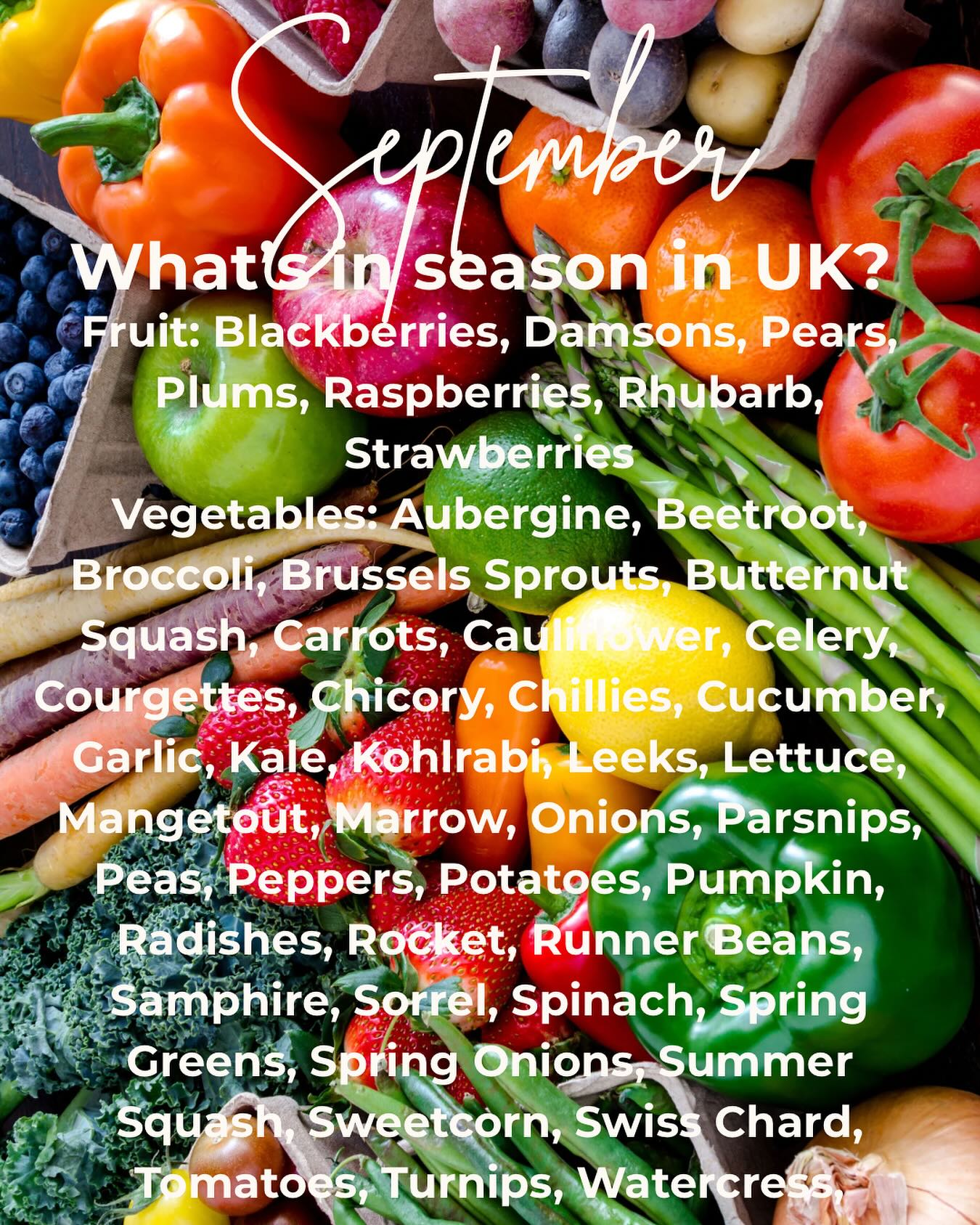 So many wonderful fruits and vegetables to enjoy this month. Make sure to eat a variety and introduce new veg from time to time. Diversify of plants we eat helps the diversity of our gut microbiome.
#seasonaleating
#backbritishfarming