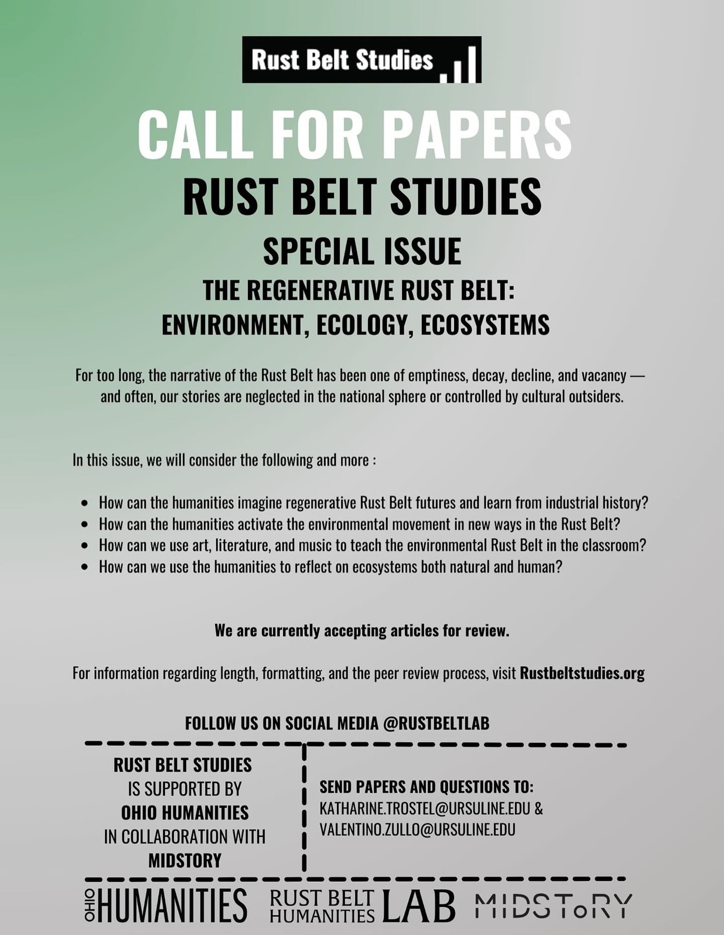 We’re currently accepting articles for our 2026 issue, The Regenerative Rust Belt. Send us your articles and write with any questions. Also, please share the CFP far and wide!
