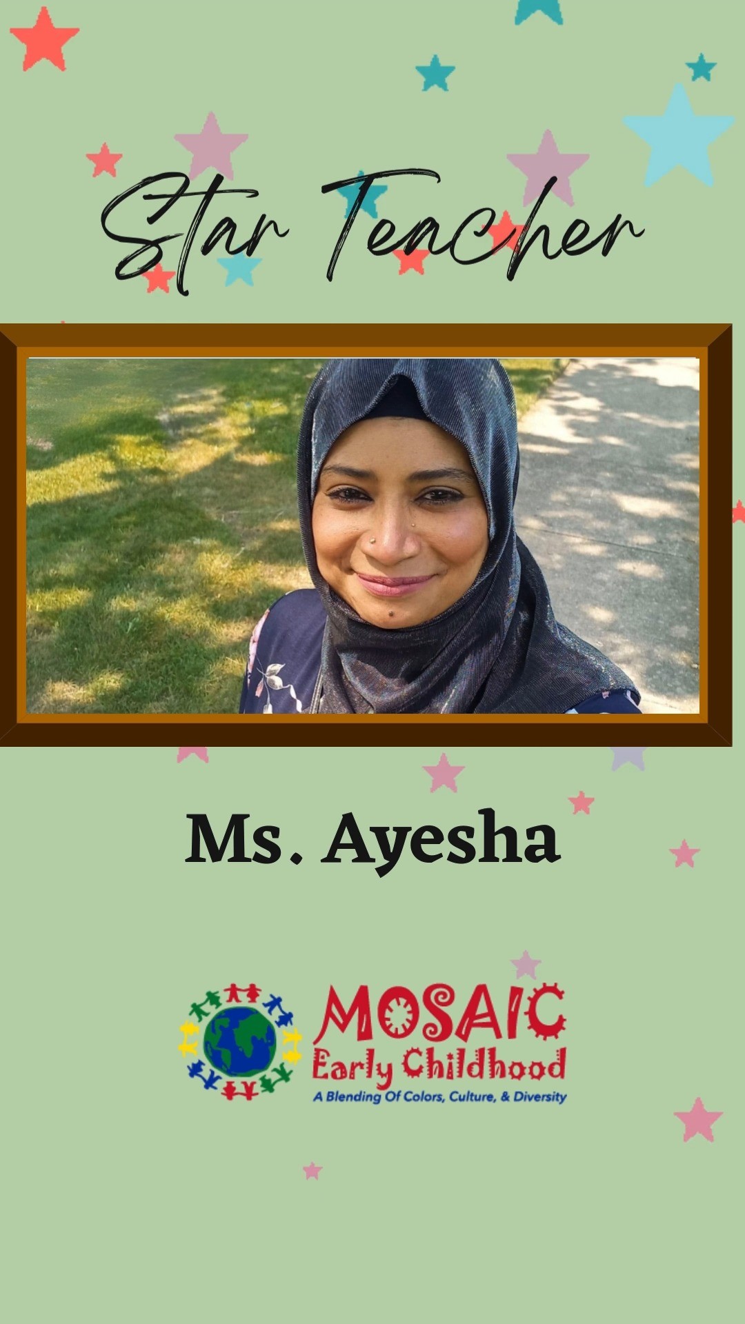 🌟 Star Teacher Spotlight: Ms. Ayesha 🌟
We’re thrilled to celebrate Ms. Ayesha, one of Mosaic’s shining stars! 💛
Her warmth, positivity, and deep love for children light up every classroom she enters. From nurturing young minds to embracing new ideas, Ayesha brings joy, creativity, and heart to everything she does.
Her dedication to growth and her ability to make learning meaningful and fun inspire both students and colleagues every day. We’re so lucky to have her as part of our Mosaic family!
✨ Fun Facts About Ayesha
🖤 Favorite colors: Black & Burgundy
🥙 Favorite food: Mediterranean cuisine
📚 Favorite book: You Are a Badass by Jen Sincero
🎉 Hobbies: Reading storybooks, traveling, parties, and having fun
👨👩👧👦 Loves: Spending time with friends & family
🌍 Originally from: India
🌸 Life goal: To live happily
Please join us in celebrating Ayesha’s well-deserved recognition! Drop a kind word or share your favorite memory - your encouragement means the world to our teachers. 💬💛
#MosaicMoments #StarTeacher #TeacherAppreciation #EarlyChildhoodMagic #MosaicEarlyChildhood #ChicagoFamilies #SkokieStrong #PreschoolHeroes #MosaicProud #Chicago #Skokie #earlychildhoodeducation