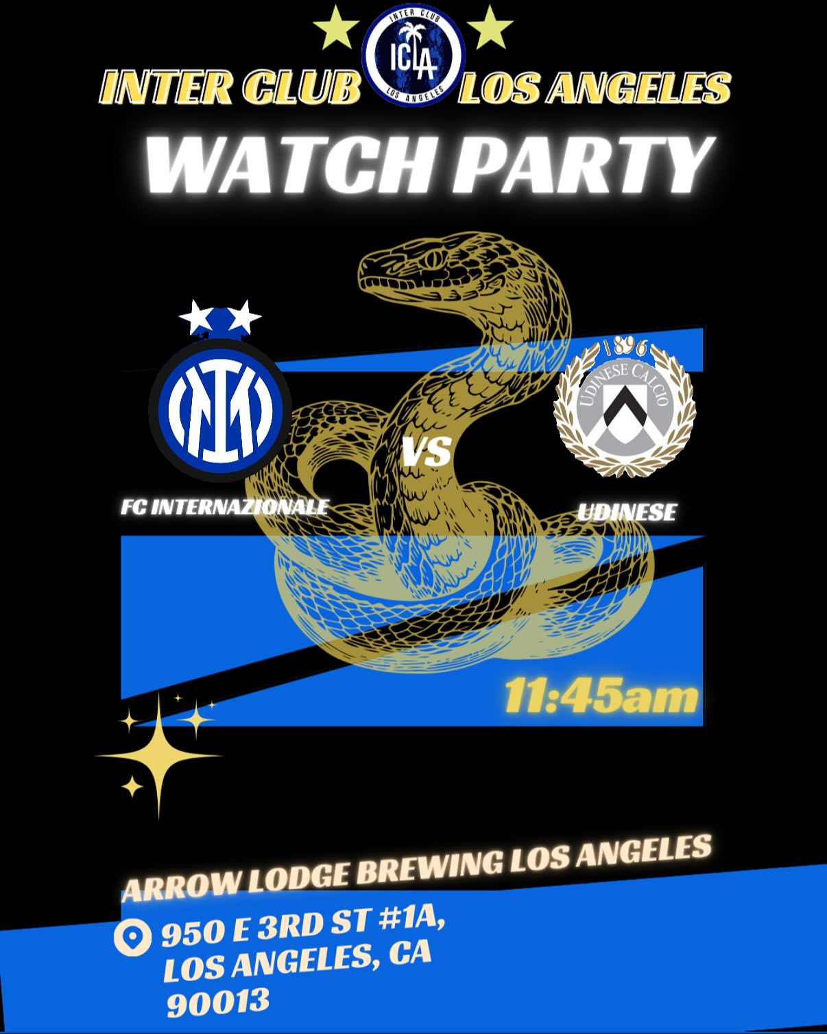 Good morning Interisti,
The first watch party of the season is upon us. Let’s gather together and cheer for our amata Inter once again.
FC Internazionale - Udinese
August 31st - 11:45am
Will be hosted at the Arrow Lodge Brewing Los Angeles:
950 E 3rd St #1A, Los Angeles, CA 90013
AVNTI FC INTERNAZIONALE DI MILANO
FORZA RAGAZZI!! ⚫️🔵
#inter #interclublosangeles #fcinternazionalemilano #fcinternazionale #curvanordmilano #intermilanfc n #fcinter #inter #intermilan #cuoreneroazzurro🖤💙 #fcim