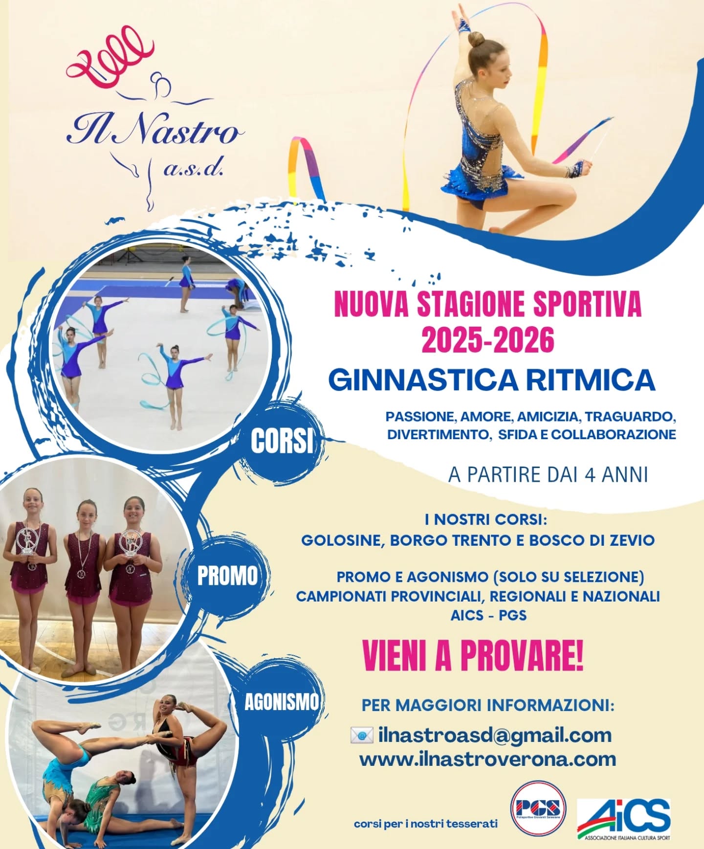Siamo pronti ad offrire anche per questo nuovo anno sportivo tutta la nostra esperienza e professionalità nei corsi di GINNASTICA RITMICA.
👩🎓Tutte le nostre istruttrici sono state formate con corsi riconosciuti dalla federazione FGI e/o enti qualificati CONI in modo da essere specializzate nell'insegnamento della ginnastica ritmica e sempre aggiornate sui programmi.
🤸🏼♂️ I nostri corsi sono studiati per garantire a tutte le ginnaste una crescita sportiva adeguata ad ogni età rispettando i ritmi e il benessere di ciascuna.
📃 l'associazione è al passo con tutte le normative vigenti in ambito sportivo.
💪🏻 crediamo nel ruolo formativo dello sport nel costruire la forza interiore, la fiducia in sé stessi e la capacità di affrontare e vincere le sfide attraverso la ricerca e il superamento degli ostacoli.
"Lo sport va a cercare la paura per dominarla, la fatica per trionfarne, la difficoltà per vincerla." Pierre de Coubertin