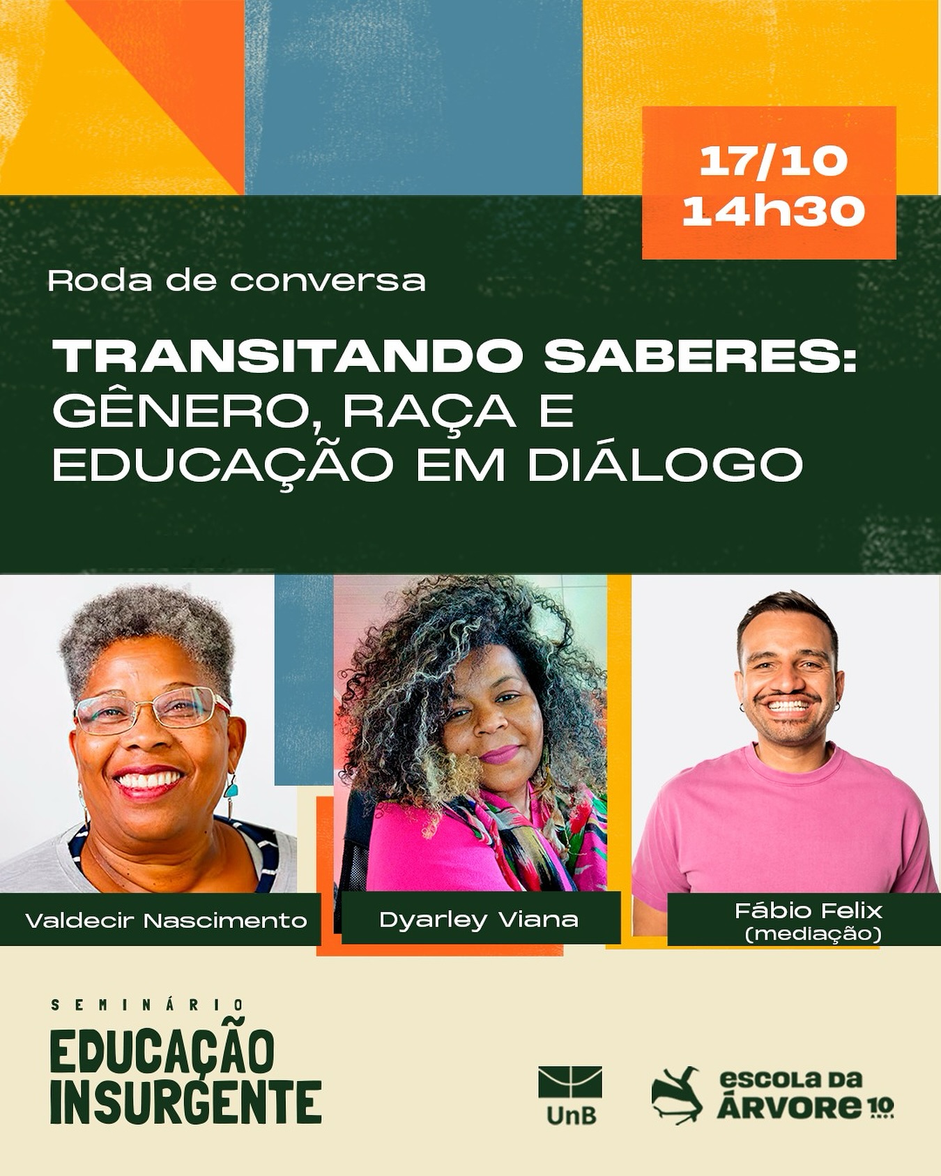 O que acontece quando diferentes trajetórias se encontram para pensar a educação a partir das lentes da raça e do gênero?
Essa roda abre espaço para vozes que carregam história, luta e construção coletiva.
Dyarley Viana @dyarley_ – educadora, pedagoga e especialista em políticas de proteção à infância e juventudes, com atuação marcada por movimentos sociais e pelo direito à cidade.
Valdecir Nascimento @valdecir.nascimento1 – historiadora, mestra em Educação, referência nacional no movimento negro e fundadora do Odara – Instituto da Mulher Negra.
Fábio Felix @fabiofelixdf – deputado distrital mais votado da história do DF, assistente social, professor e ativista LGBTQIA+, com trajetória de luta pelos direitos humanos e pela educação.
Um diálogo plural, insurgente e necessário para repensarmos os caminhos da educação comprometida com a justiça social.
Inscreva-se pelo link na bio.
—
SEMINÁRIO EDUCAÇÃO INSURGENTE
📅 17 de outubro, 14h30 às 16h30
