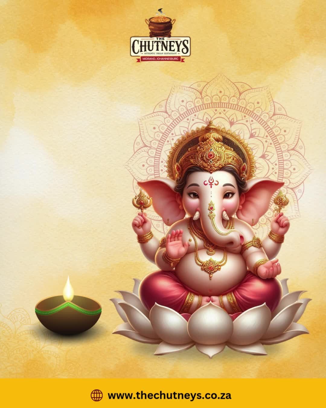 The Chutneys wishes you a blessed and joyful Ganesh Chaturthi!
May Lord Ganesha remove obstacles, bring prosperity, and fill your life with happiness and new beginnings.
Celebrate this festive season with love, laughter and togetherness.
Follow us on social media for more info👇
Insta - @thechutneysrestaurant https://www.instagram.com/thechutneysrestaurant...
Fb - https://www.facebook.com/thechutneys
Web - https://www.thechutneys.co.za
#HappyGaneshChaturthi #TheChutneys #FestiveWishes #newbeginnings