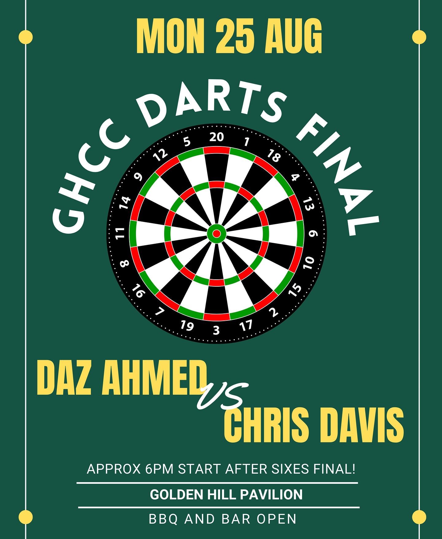 IT’S FINALS NIGHT! 🎯 50 hopefuls started the journey... now it’s down to 2! Who will be the ultimate darts master? 🏆 Come watch and find out #GHCCTitle #DartsFinal #Bullseye