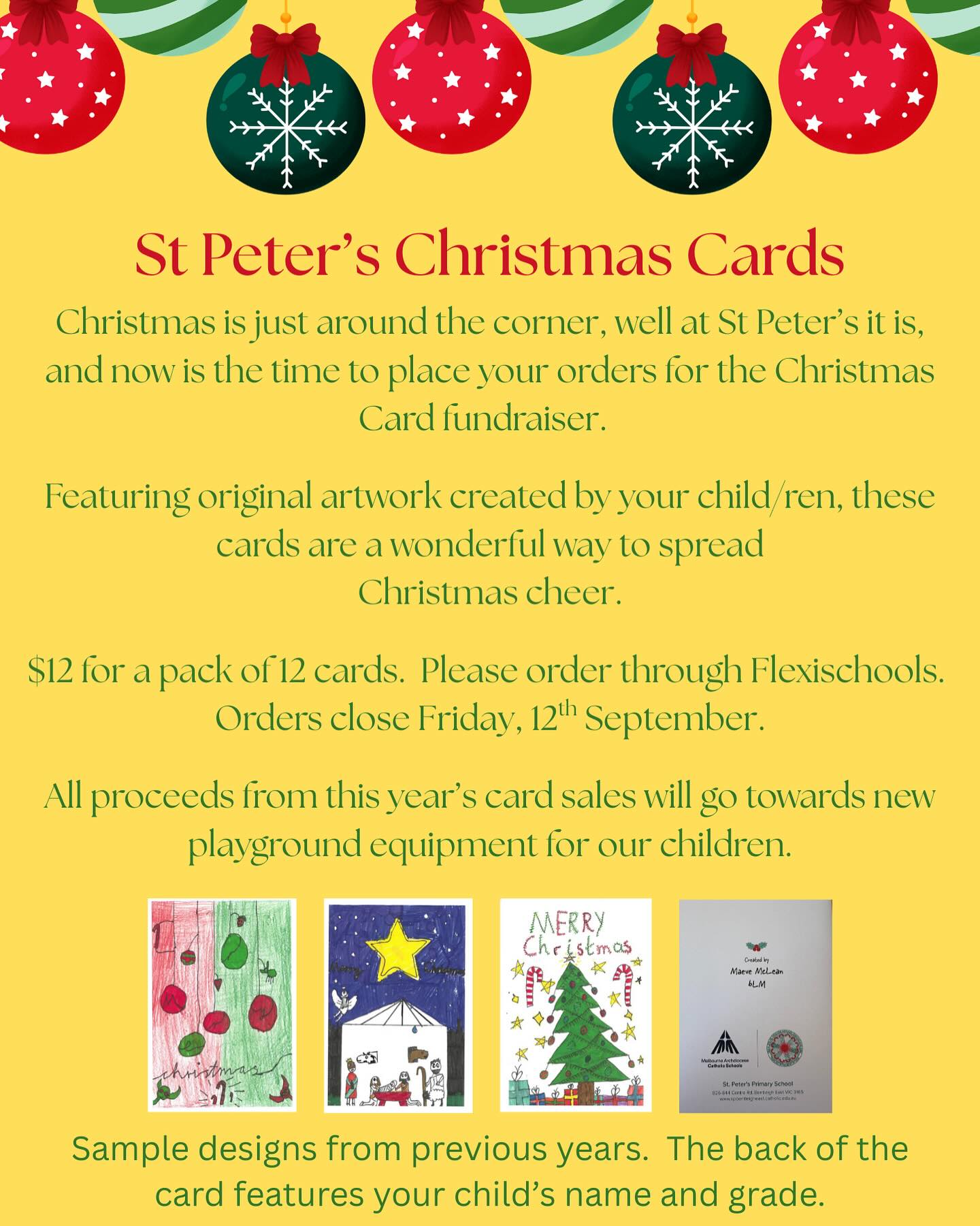 Christmas has come (early), bringing joy and cheer.
Our P&F, with love and care,
Have planned a fundraiser we’re glad to share.
The Christmas Card Fundraiser is back once more,
With student designs you’re bound to adore.
Each card spreads cheer in a special way,
A keepsake to treasure on Christmas Day.
Place your orders through Flexischools with ease,
Supporting our community – thank you, please!
With gratitude we send this festive call,
Merry Christmas and blessings to all!