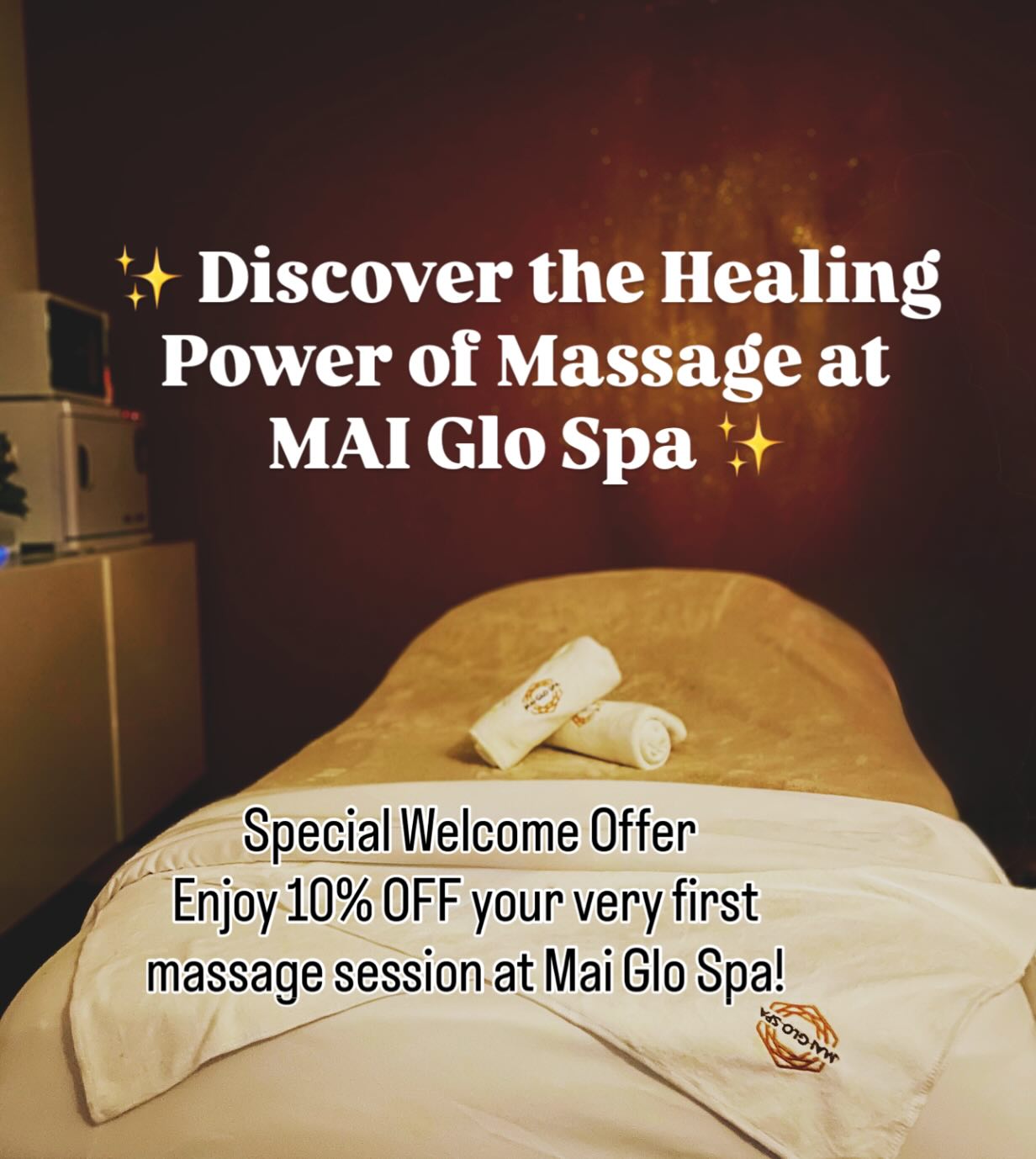 ✨ Discover the Healing Power of Massage at Mai Glo Spa ✨
Melt away stress, ease tension, and restore balance with our customized massage therapy. Whether you need deep relaxation or targeted relief, our skilled therapists tailor each session to your needs, leaving you refreshed in body and mind.
🌿 Benefits You’ll Love
• Relieves stress & anxiety
• Soothes sore muscles & stiffness
• Improves circulation & flexibility
• Promotes deep relaxation & better sleep
💆 Special Welcome Offer
Enjoy 10% OFF your very first massage session at Mai Glo Spa!
Step into serenity, breathe deeply, and let us take care of you. Your journey to relaxation begins here @maiglospa