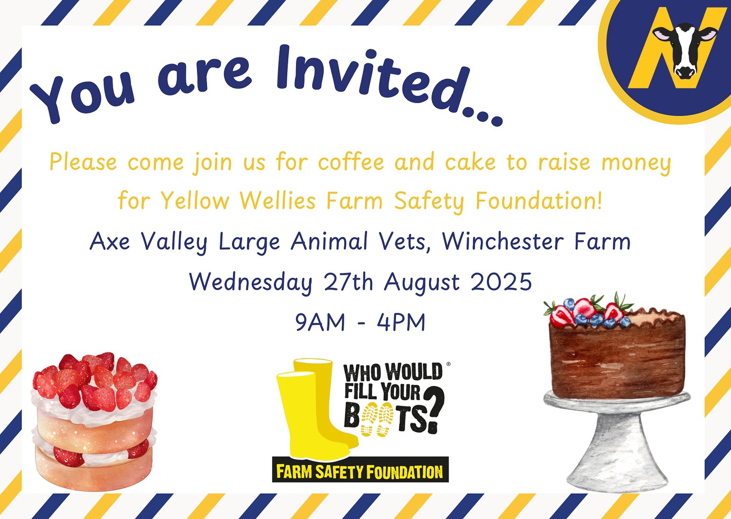 🍰☕️🧁🫖 COFFEE & CAKE TOMORROW 🍰☕️🧁🫖
Pop into the office anytime between 9am and 4pm tomorrow and help yourself to some coffee and cake, raising money for @yellowwelliesuk
We’ll also be running a raffle for a prize hamper ☀️