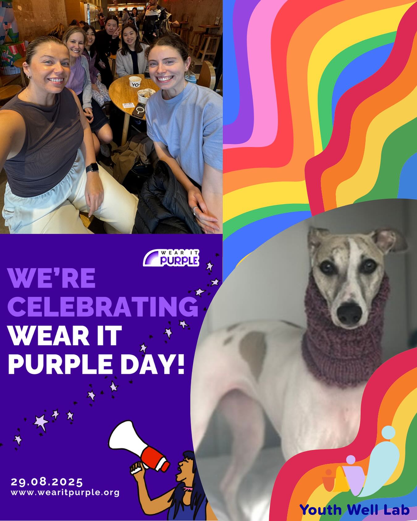 ๐ Today we stand with young people for @wear_it_purple Day, speaking up for Bold Voices, Bright Futures
When LGBTQIA+ youth feel seen, safe, and celebrated, they can shine. At Youth Well Lab and through our @youthhealthhive project, we are committed to creating spaces where every young person is valued, included and empowered in health research and beyond. ๏ฟผ ๏ฟผ
And on the style note: our teamโs purple game ran the spectrum from lilac to mauveโฆ and in Allyโs case, maybe even blue ๐. But the clear winner for best dressed? Wally the whippet in her purple snood โ slaying the purple fashion stakes๐พ๐โจ
Together, we wear purple to spark conversations and stand with rainbow youth as they lead the way toward brighter, more inclusive futures ๐
#WearItPurpleDay #YouthWellLab #BoldVoicesBrightFutures #VisibilityMatters #SNSWIP25