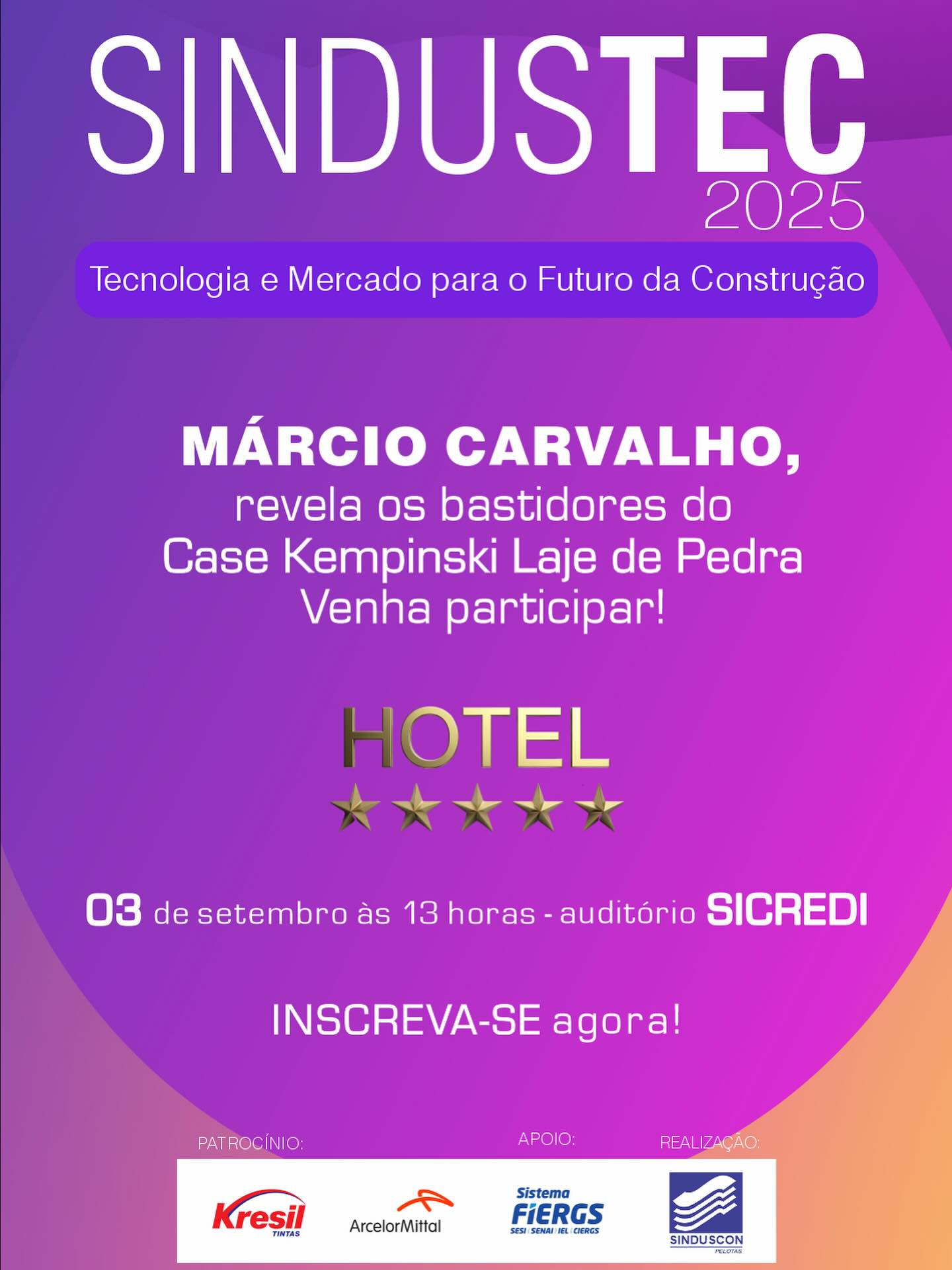 🏨 O luxo que redefine padrões na hotelaria
No Sindustec2025, o arquiteto Márcio Carvalho apresenta o case Kempinski Laje de Pedra, um dos empreendimentos imobiliários e hoteleiros mais inovadores da Serra Gaúcha.
✨ Arquitetura contemporânea, visão estratégica e um projeto que une sofisticação e inovação para transformar experiências de moradia e turismo.
➡️ Uma palestra imperdível para quem busca inspiração e quer entender como a hotelaria de alto padrão pode ser integrada a empreendimentos residenciais de sucesso.