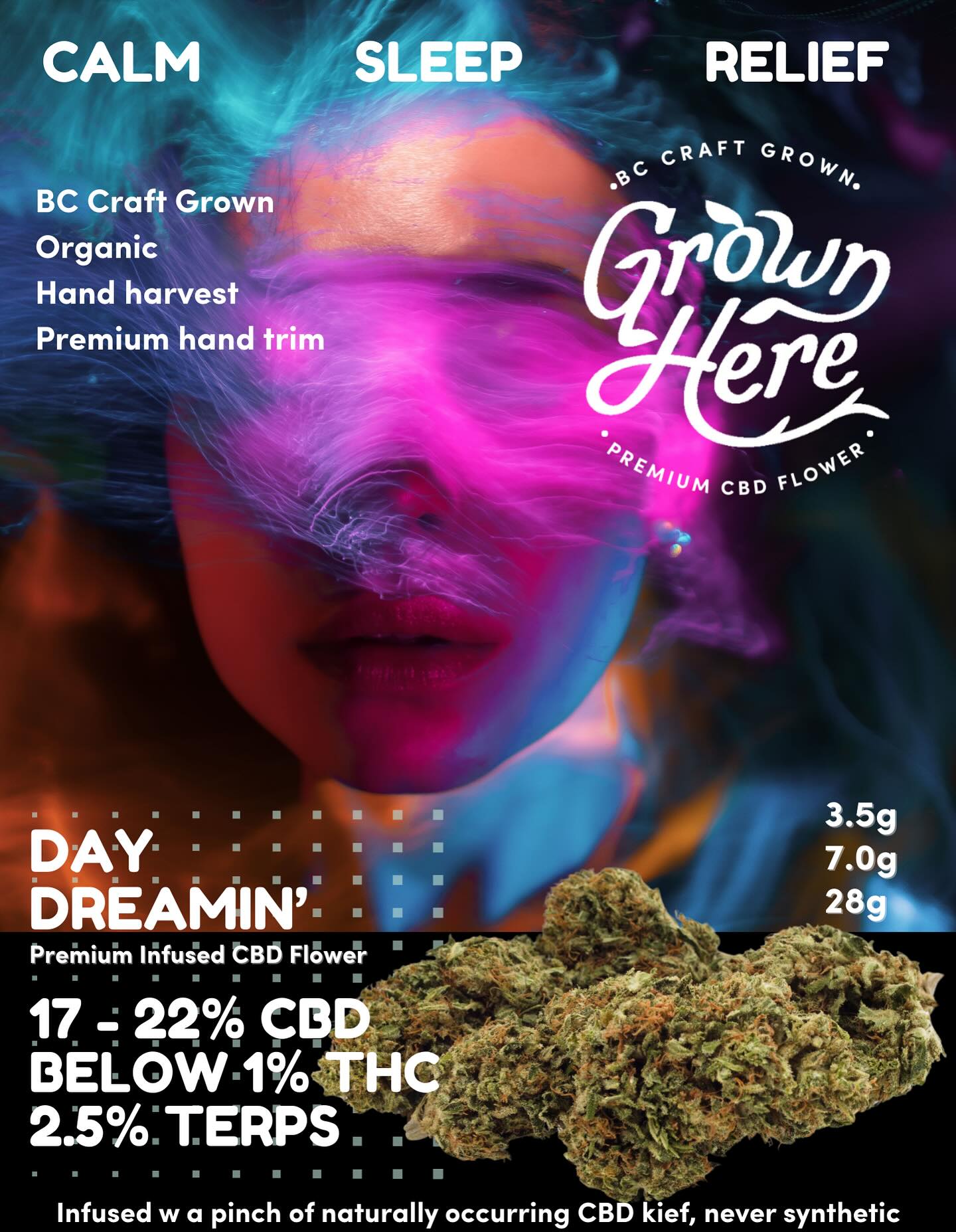 Our Day Dreamin’ series packs a medicinal punch. This flower is rich in beneficial terpenes and high in CBD with a bit of CBG. Customers tell us they get great relief from this product for dealing with chemotherapy side effects, pain management, sleep issues, anxiety, PTSD l, epilepsy, joint and arthritis issues. And recreational users tell us it helps manage their THC consumption or increase the beneficial effects of their THC products. Great on its own, or made into edibles, baking/cooking, DIY oil, creams and more. Find it on BCs best direct delivery platform @herbaldispatchcannabis