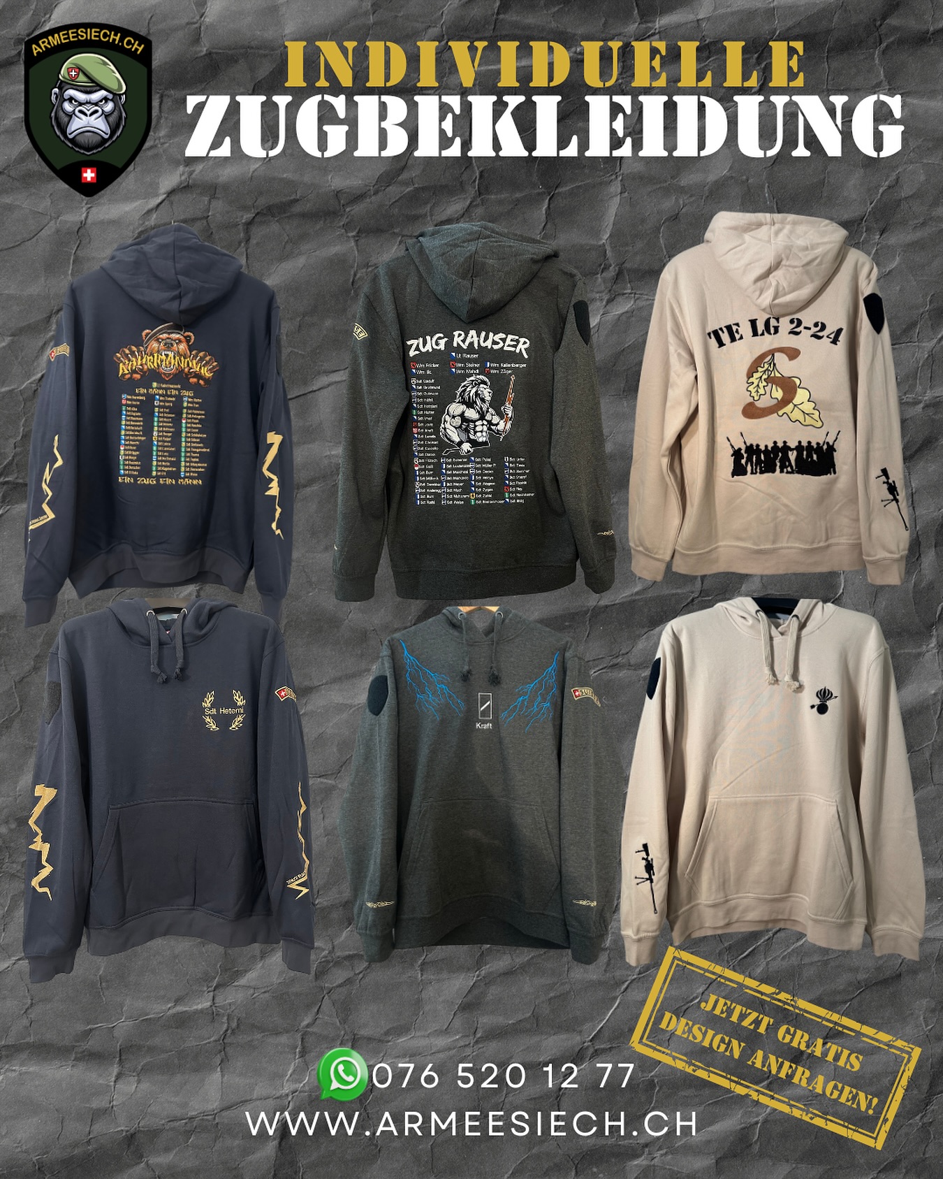 ❗️ZugHoodies für dich und deine Kameraden❗️
Euer Zug ist einzigartig – also verdient ihr auch eine einzigartige Bekleidung.
Ob mit Wappen oder kreativen Motiven – wir machen aus eurem Hoodie ein Stück Erinnerung fürs Leben.
👕 Individuelle Zugbekleidung
🎨 Kreatives Design – kostenlos für euch
➡️ Jetzt anfragen und mit Stolz tragen!
📲 076 520 12 77
🌐 www.armeesiech.ch
#zughoodies #armyhoodies #individuelledesign #armeesiech #rekrutenschule #swissmilitary #schweizermilitär #zugbekleidung #zugshirts