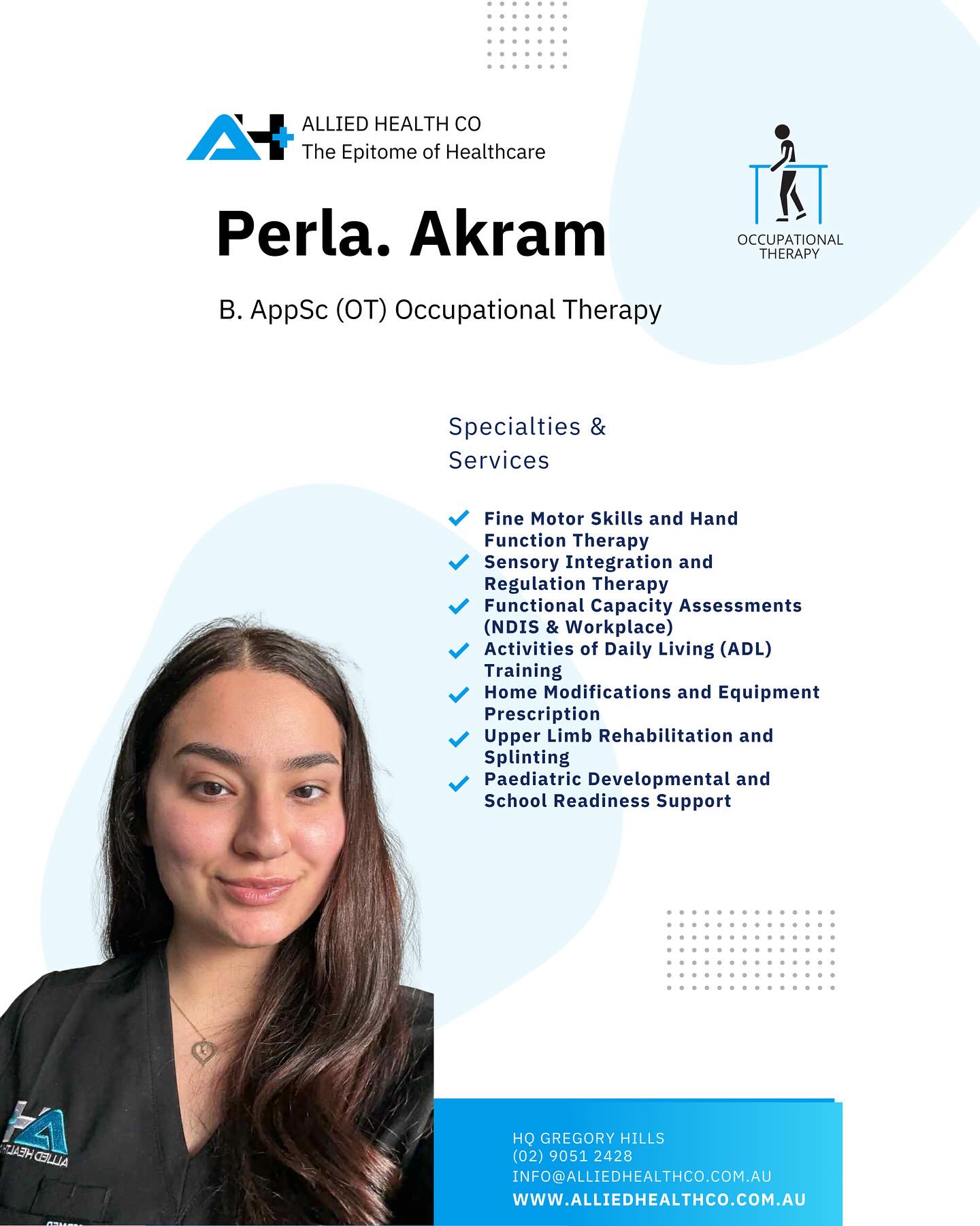 🌟 Welcome to the Team, Perla! 🌟
We’re so excited to introduce Perla Akram, our passionate Occupational Therapist at Allied Health Co. 💙 With expertise in fine motor skills, sensory integration, ADL training, home modifications, splinting, and paediatric development, Perla is here to support clients in reaching their goals.
✨ NDIS Immediate Availability – Book Now! ✨
Take advantage of limited spots with Perla for NDIS participants. Whether it’s functional capacity assessments, school readiness support, or upper limb rehab, she’s ready to make a difference.
📍 Allied Health Co - HQ Gregory Hills
📞 (02) 9051 2428
🌐 www.alliedhealthco.com.au
#AlliedHealthCo #OccupationalTherapy #NDIS #GregoryHills #CommunityCare #InclusiveHealth #PaediatricOT #FunctionalIndependence