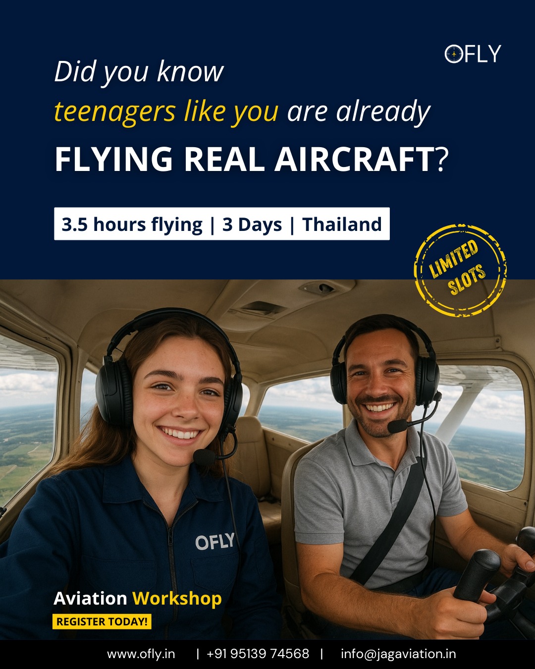International Aviation Workshop🛩️
Registrations OPEN at www.ofly.in
Exclusively designed for teenagers looking for something extraordinary.
Aviation workshop blends knowledge master class along with real aircraft flying.
✅ Flight science
✅ Real flight training (3.5 hours)
✅ Safe & personalized
✅ Meet industry experts
🛩️Register NOW - www.ofly.in
Seats are limited – secure yours before they take off! 🛫✨
#aviationworkshop #studentactivity #teens #realflying #ofly #entrepreneurspirit #learningabroad #internationalworkshop