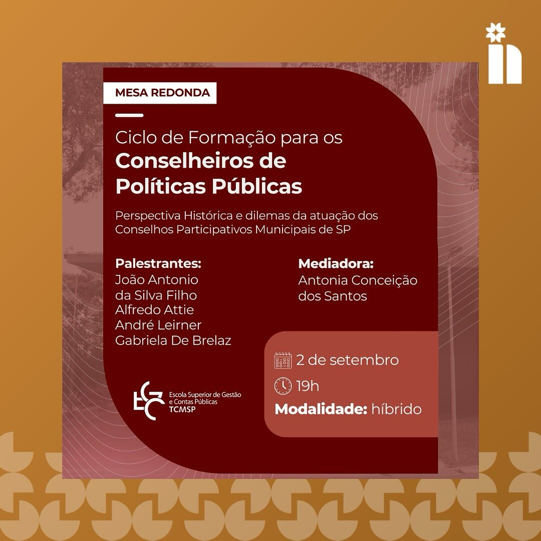 O NDAC marca presença no Ciclo de Formação para Conselheiros de Políticas Públicas, com a participação da pesquisadora Gabriela de Brelaz na mesa redonda “Perspectiva histórica e dilemas da atuação dos Conselhos Participativos Municipais de São Paulo”. O evento acontece no dia 02 de setembro, às 19h.
Formado por um evento híbrido e quatro cursos online, o ciclo de formação visa oferecer aos conselheiros de políticas públicas municipais de São Paulo instrumentos para aprimorar a atuação, com base nas competências legais e institucionais, bem como conceitos fundamentais, legislação aplicável e dinâmicas interpessoais.
Além da mesa do dia 02, as aulas acontecem nos dias 09, 16, 23 e 30 de setembro, das 19h às 22h.
Informações detalhadas sobre o ciclo e inscrição no evento pelo link:
https://escoladecontas.tcm.sp.gov.br/eventos/inscricoesabertas/80517