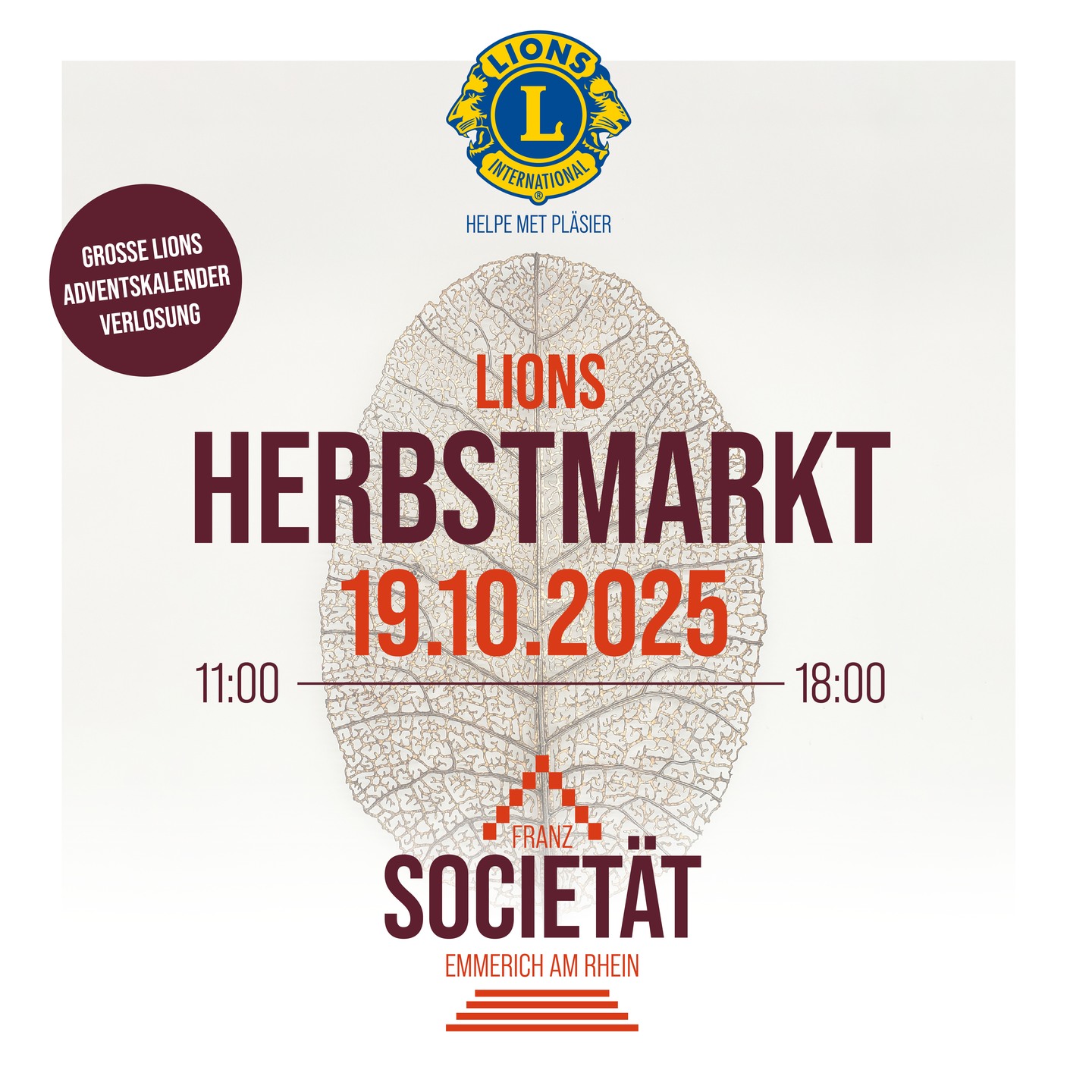 In nicht einmal zwei Monaten ist es wieder soweit und der dritte Lions Herbstmarkt findet an gewohnter Stelle in und an der Societät in Emmerich statt. Wunderschönes Kunsthandwerk, exklusive Delikatessen, lecker Kaffee und Kuchen, tolle Musik von @gustimusic , die Adventskalenderverlosung und vieles mehr erwarten Euch am 19.10. von 11-18 Uhr.