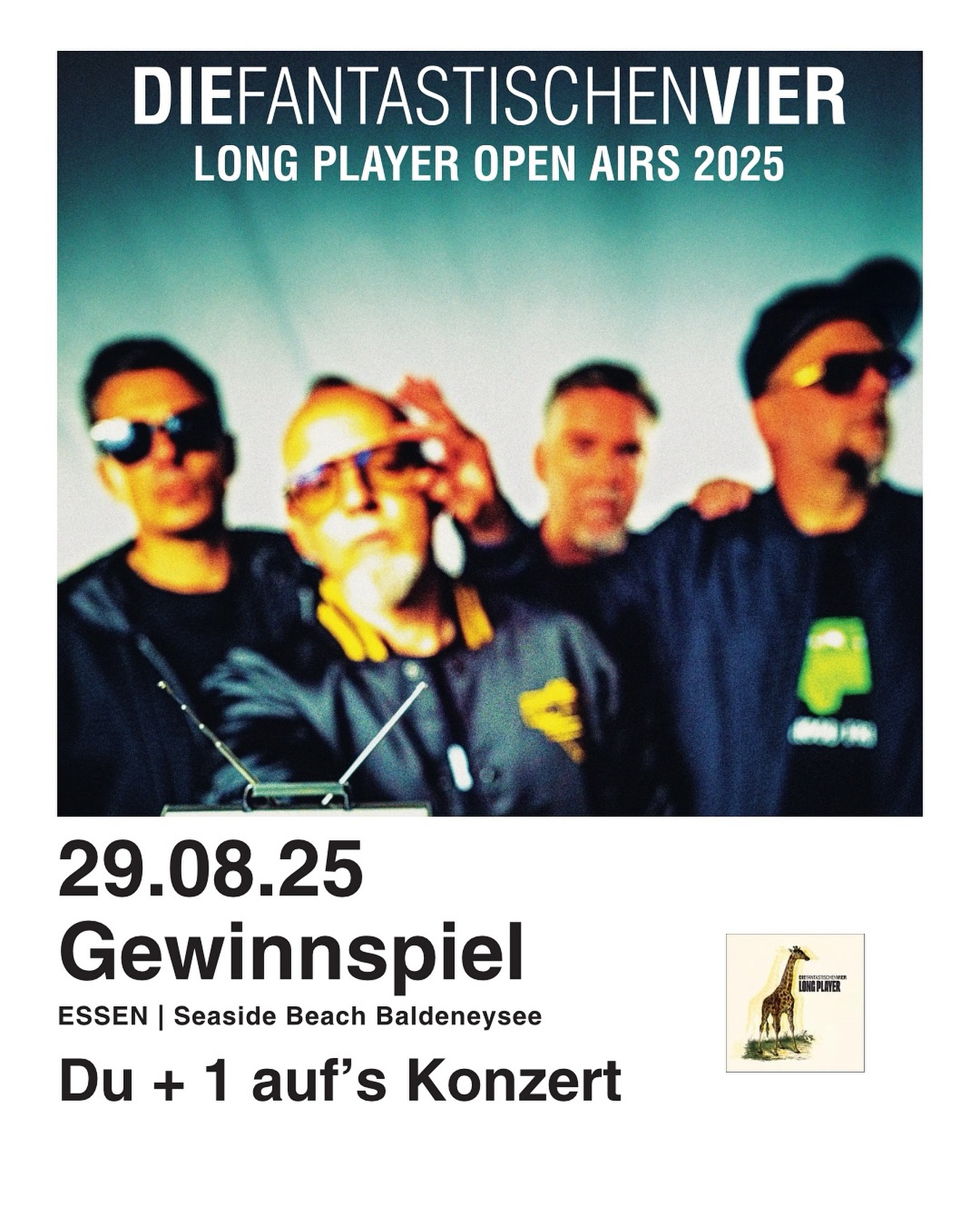 🥳 Gewinner steht fest! 🥳
Unser Zufallsgenerator hat entschieden – das Gewinnspiel ist beendet.
Danke an alle, die mitgemacht haben – ihr seid der Hammer! 💯❤️
Bleibt dran, das nächste Gewinnspiel kommt bestimmt… 👀✨
🎉 GEWINNSPIEL 🎉
Du willst live dabei sein, wenn Die Fantastischen Vier am 29.08.25 ihr Open Air Konzert in Essen (Seaside Beach Baldeneysee) spielen? 🔥
Wir verlosen 2 Tickets (Du + 1) für dieses Konzert! 🫶
👉 So machst du mit:
1. Folge unserem Account
2. Like diesen Beitrag
3. Markiere in den Kommentaren die Person, die du mitnehmen würdest ✨
🗓️ Teilnahmeschluss:
Donnerstag, 28.08.25 um 18:00 Uhr
Der/die Gewinner:in wird per DM benachrichtigt.
Viel Glück 🍀 – wir sehen uns vielleicht schon beim Fanta 4 Open Air in Essen! ✨