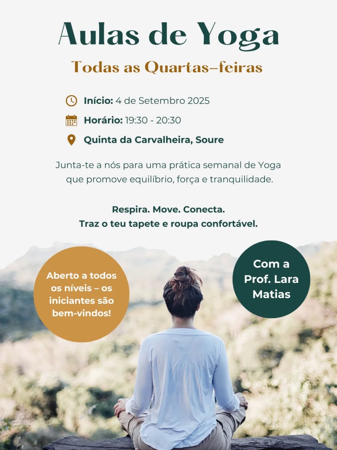 As aulas de Yoga estão de volta à Quinta da Carvalheira!
Para os vizinhos, a prática é semanal. Para a visitas é uma experiência única de auto-cuidado e regeneração interna onde a respiração, a presença e o equilíbrio são os guias.
Junta-te a nós a partir de 4 de setembro, às quartas-feiras 🍃
Inscrições no link da bio.