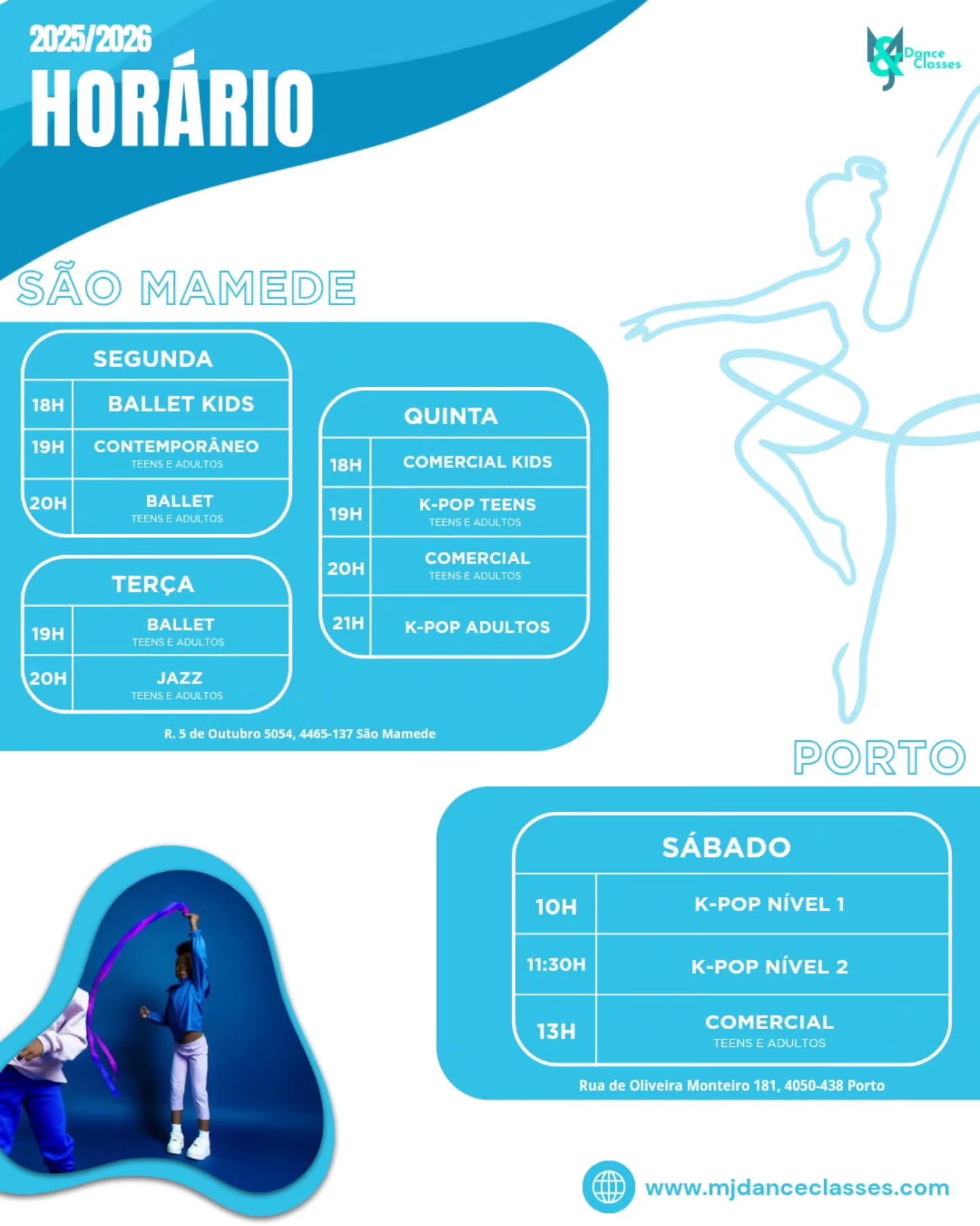 ✨ Horário de 2025/2026 ✨
📍 Aqui podes encontrar as tuas aulas de dança para o novo ano letivo! Desde o K-pop ao Ballet, tudo num só lugar!
Não te esqueças de te inscrever! As aulas começam já no dia 8 de Setembro 💕
#kpop #Ballet #Jazz #contemporaneo #comercial