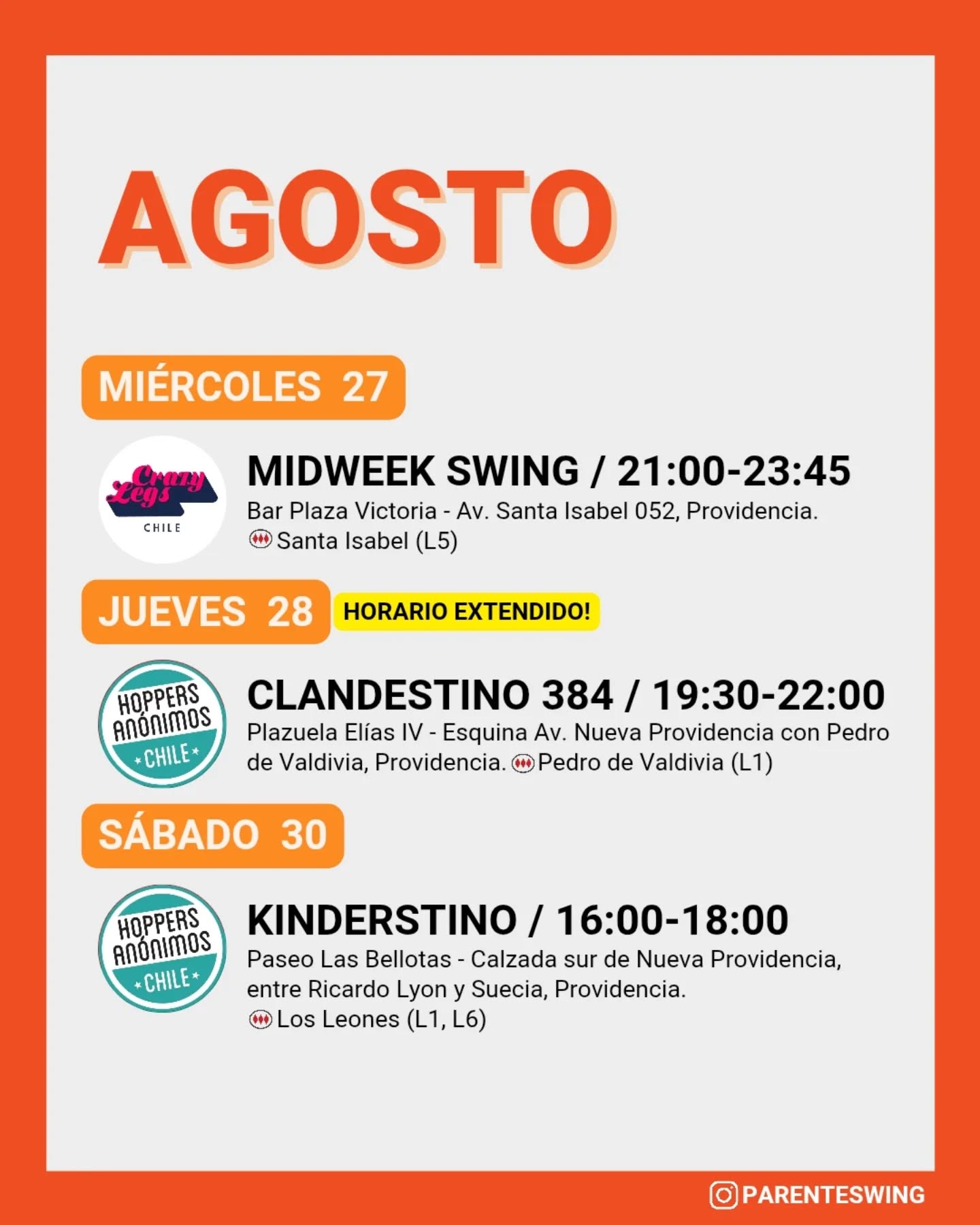✨Todos los eventos son gratuitos y abiertos a todo público, a menos que se indique valor de entrada 💸
‼️Cualquier modificación o nuevo evento en los comentarios👇🏻 y/o por historias 👆🏻
🤔 Qué es una Jam, Clandestino o Baile Social?
Una instancia donde fanáticos de los bailes swing (Lindy hop, Balboa, Shag, Solo jazz) se reunen a compartir, hacer comunidad y a la vez, practicar.
❌ Las actividades publicadas NO son instancias de clases para aprender a bailar, a menos que se indique “Taller” o “Clase Abierta”.
👀 Quieres aprender a bailar?
En nuestra historia destacada “CLASES” está toda la información y formularios de inscripción a los cursos del mes de las escuelas de bailes swing ✨
Nos vemos en la pista! 💃🏻🕺🏻🔥
#danzachile #lindyhopchile #swingchile #bailechile #eventoschile #danzasantiago #santiagodechile #panoramasgratis #swingdancechile #swingdancingchile #lindyhopperschile #panoramasgratis #panoramagratis #santiago