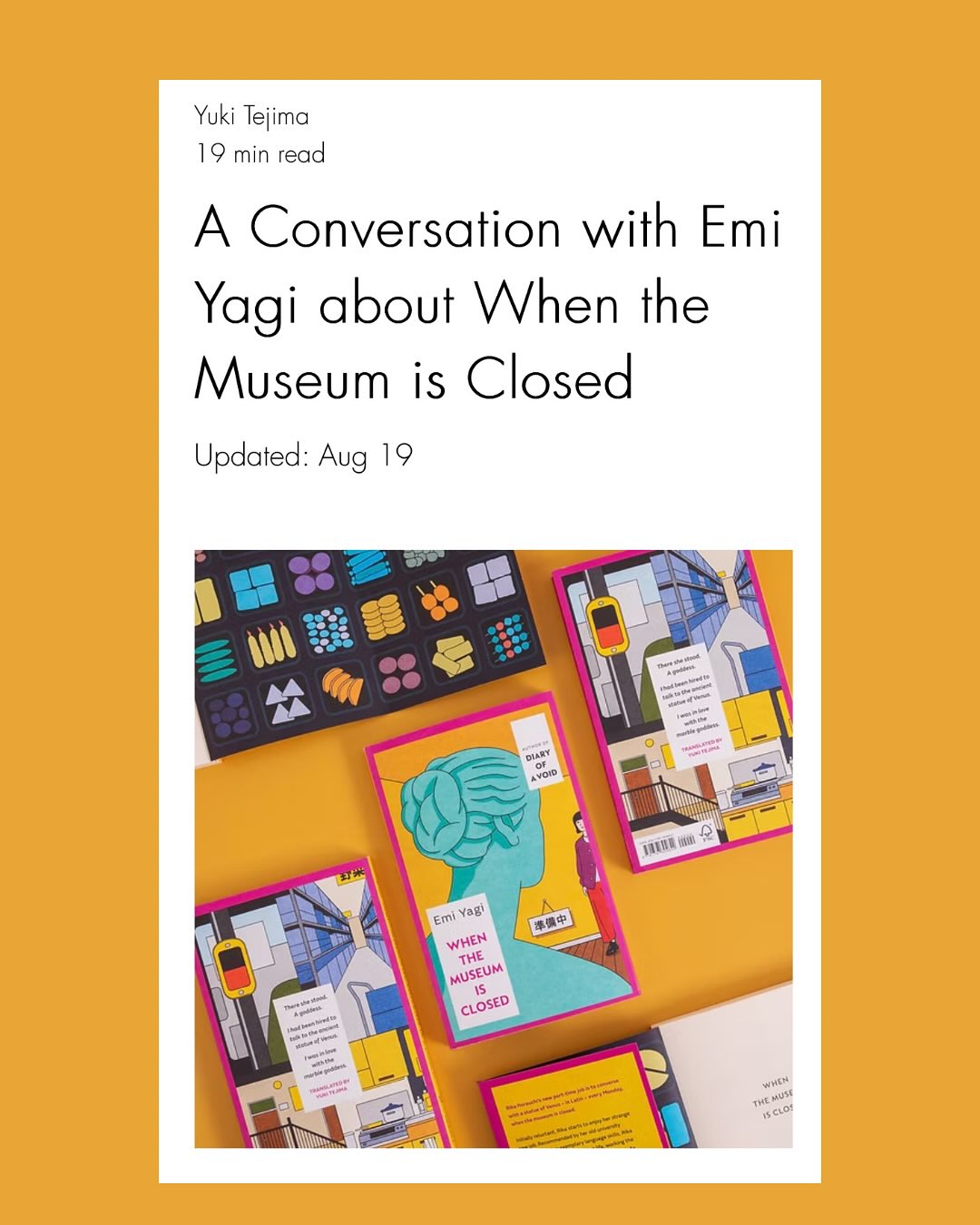 Last month in Tokyo, I had the joy of meeting author Emi Yagi to chat about her new novel, When the Museum is Closed (which I was honored to translate) and her delightful first book, Diary of a Void, translated by David Boyd and Lucy North. (A hard act to follow.)
If you’re at all curious about what goes on in that imaginative mind of hers, and where she comes up with stories so unique you almost worry how they could possibly end (a woman lying to her office about being pregnant, for example), you might fix yourself a nice beverage and settle in to read the interview, which is long and joyous and available at my link in bio.
Thank you so much, Emi, for taking the time to chat with me. It was an eye-opening treat to hear how this story came to be.
I’m still pinching myself about being able to participate in any world @emiyagi1988 creates.
- - -
2025年夏。
八木詠美さんの『休館日の彼女たち』の英語出版を記念して、東京で八木さんにインタビューをさせていただきました。
アップするまでにお時間を頂戴してしまいましたが、英訳したものをBook Nerd Tokyoのサイトにアップさせていただきました。でももともとは日本語でお話させていただいたので、その内容もこの先シェアできればと思っています。(英語版をじっくり時間をかけて翻訳しながら読んでる、と言ってくださる方々へ。泣けます、ありがとうございます❤️)
八木さんの一作目『空芯手帳』が英語版『Diary of a Void』となり英語圏の読者に大変愛されていて、大ヒットした作品に続くことへの無名翻訳者の不安など、私も少しお話させていただきました。
八木さん、最高に面白く、恐ろしくクリエイティブで、考える楽しみをくださるお話をありがとうございました!
インタビューは、プロフィールのリンクよりぜひ。ボリュームしっかりめです☺️