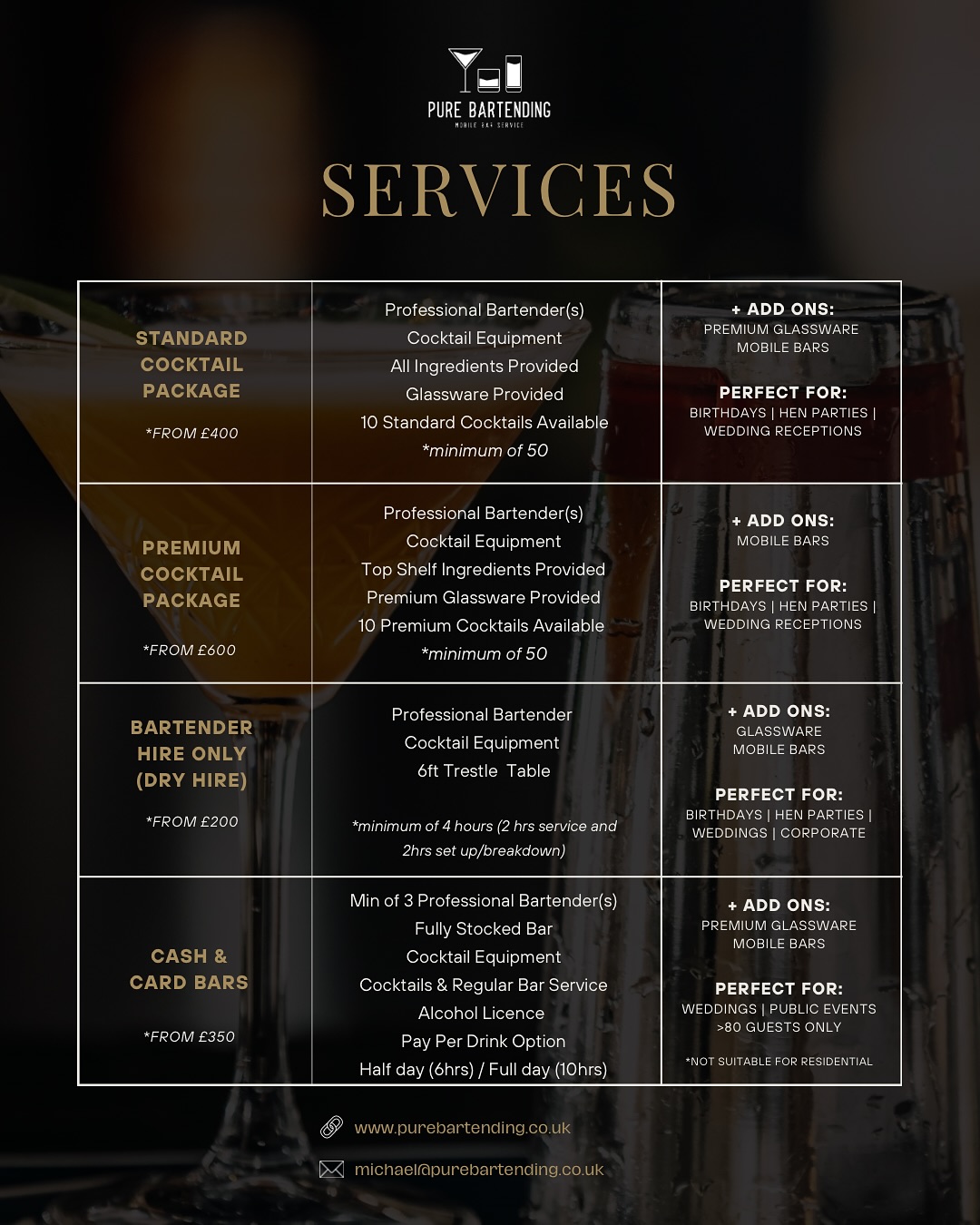 Explore our full brochure of mobile bar services. Whether you’re looking for premium cocktail packages, interactive masterclasses, or complete cash bar hire, we offer tailored options to fit events of any style or size.
Reach out today to find out more.
____________________
#MobileBartending #MobileBarHire #BartenderHireScotland