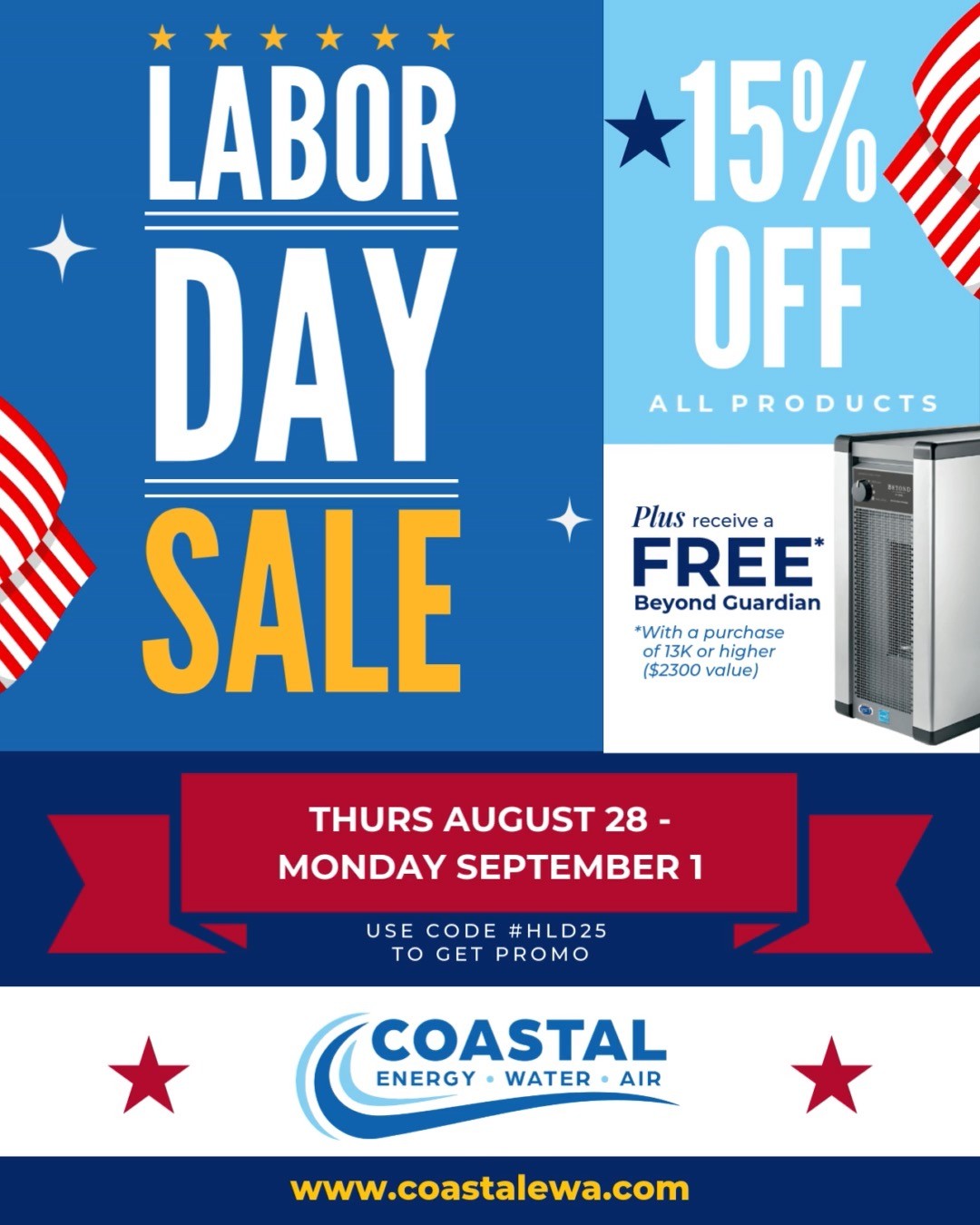 🇺🇸 Labor Day Savings Are Here! 🎉
This weekend only, enjoy 15% OFF all products at Coastal Energy Water & Air! 💧✨
Plus, when you invest in cleaner, safer water for your home with any purchase over $13,000, you’ll receive a FREE Guardian Air machine (a $2,500+ value!) 🌬️
Don’t miss out—make this Labor Day the start of a healthier home.
📍 Visit us online to schedule your FREE water test and type in code: HLD25
or call 954-333-3336 to claim your savings today!
#LaborDaySale #SouthFloridaHomes #CleanWater #HealthyHome #RainSoft #GuardianAir #coastalewa #rainsoft #airpurifier #WaterFiltrationSystem
